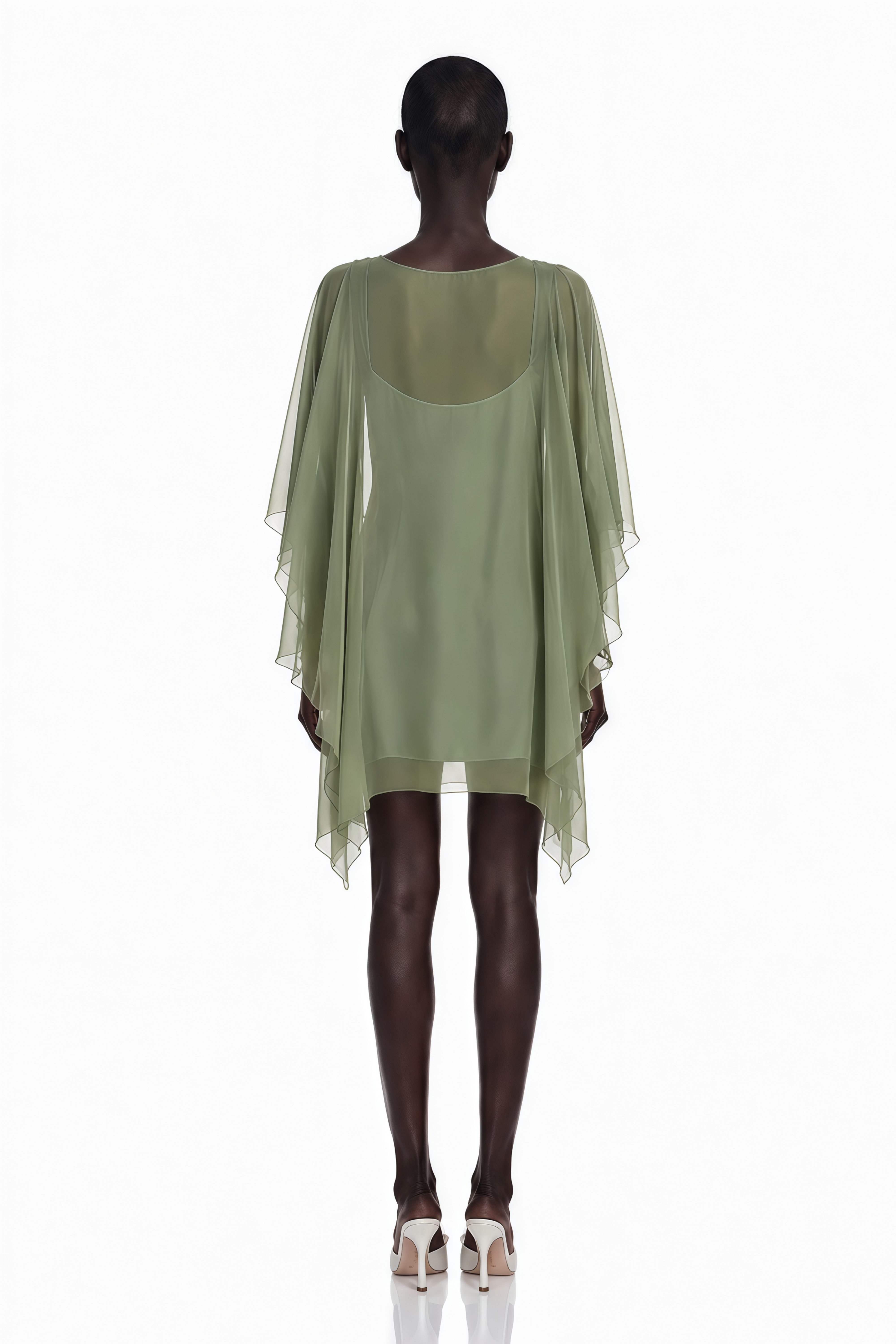 Sage green V-neck chiffon kaftan mini dress with lace trim