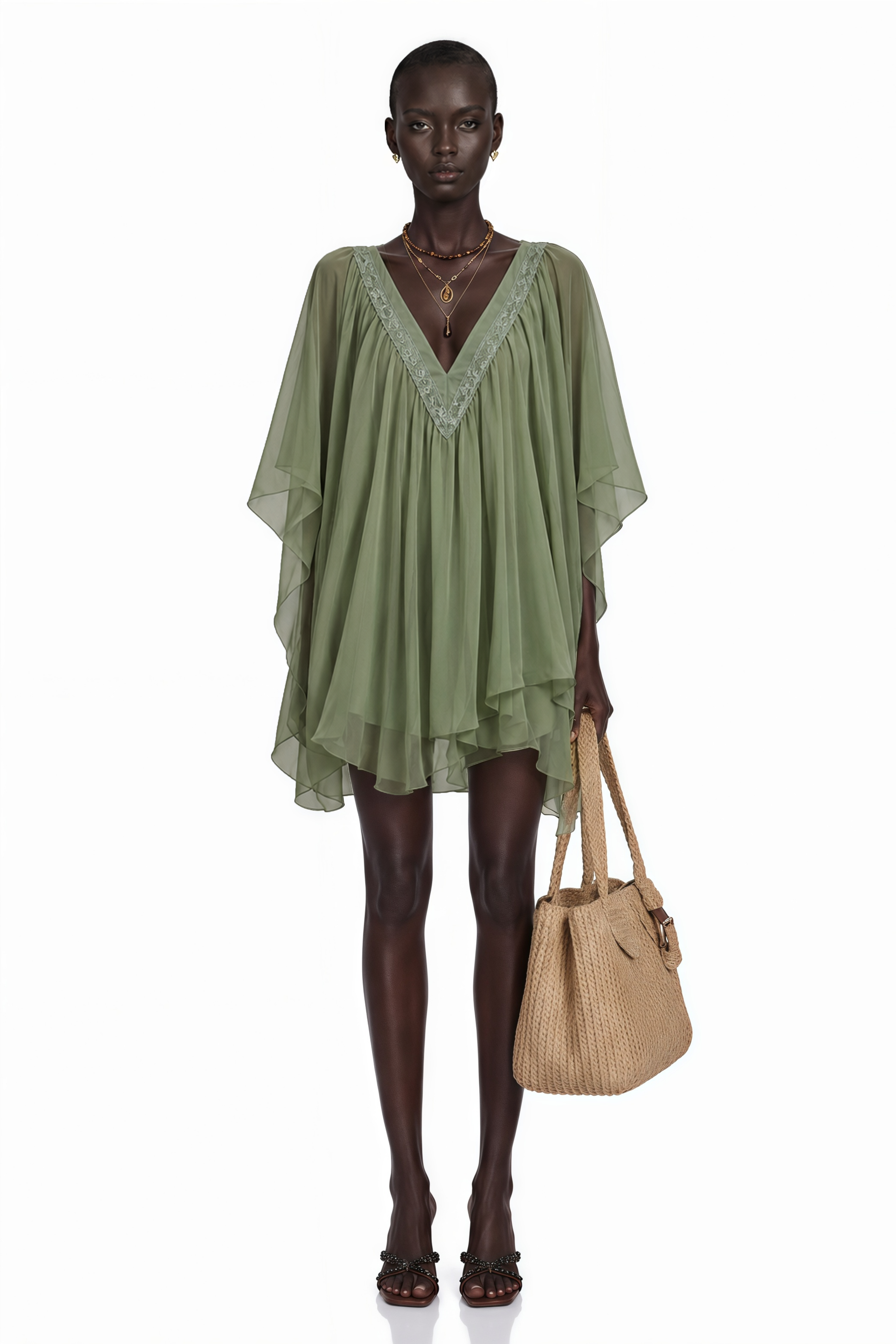 Sage green V-neck chiffon kaftan mini dress with lace trim