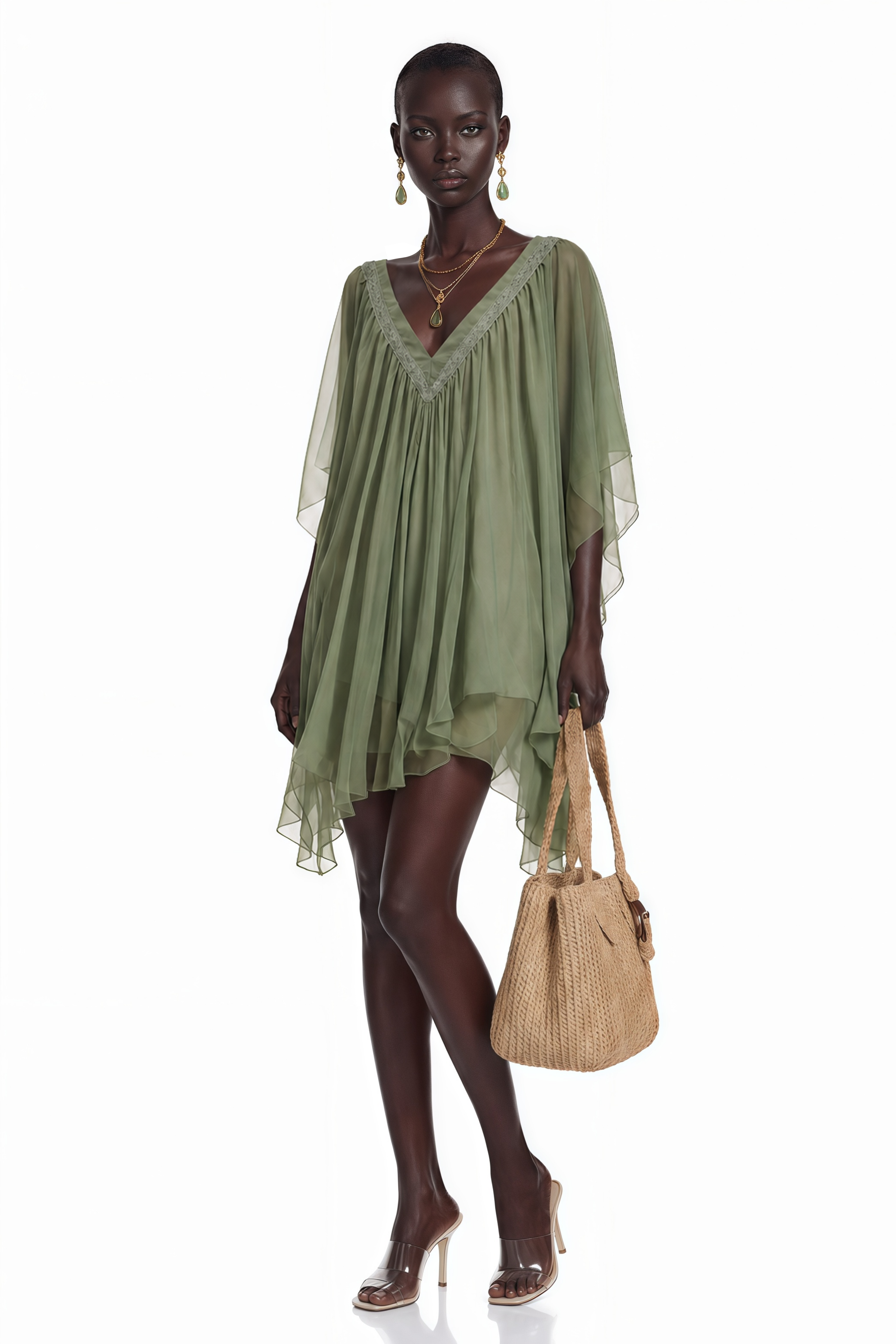 Sage green V-neck chiffon kaftan mini dress with lace trim