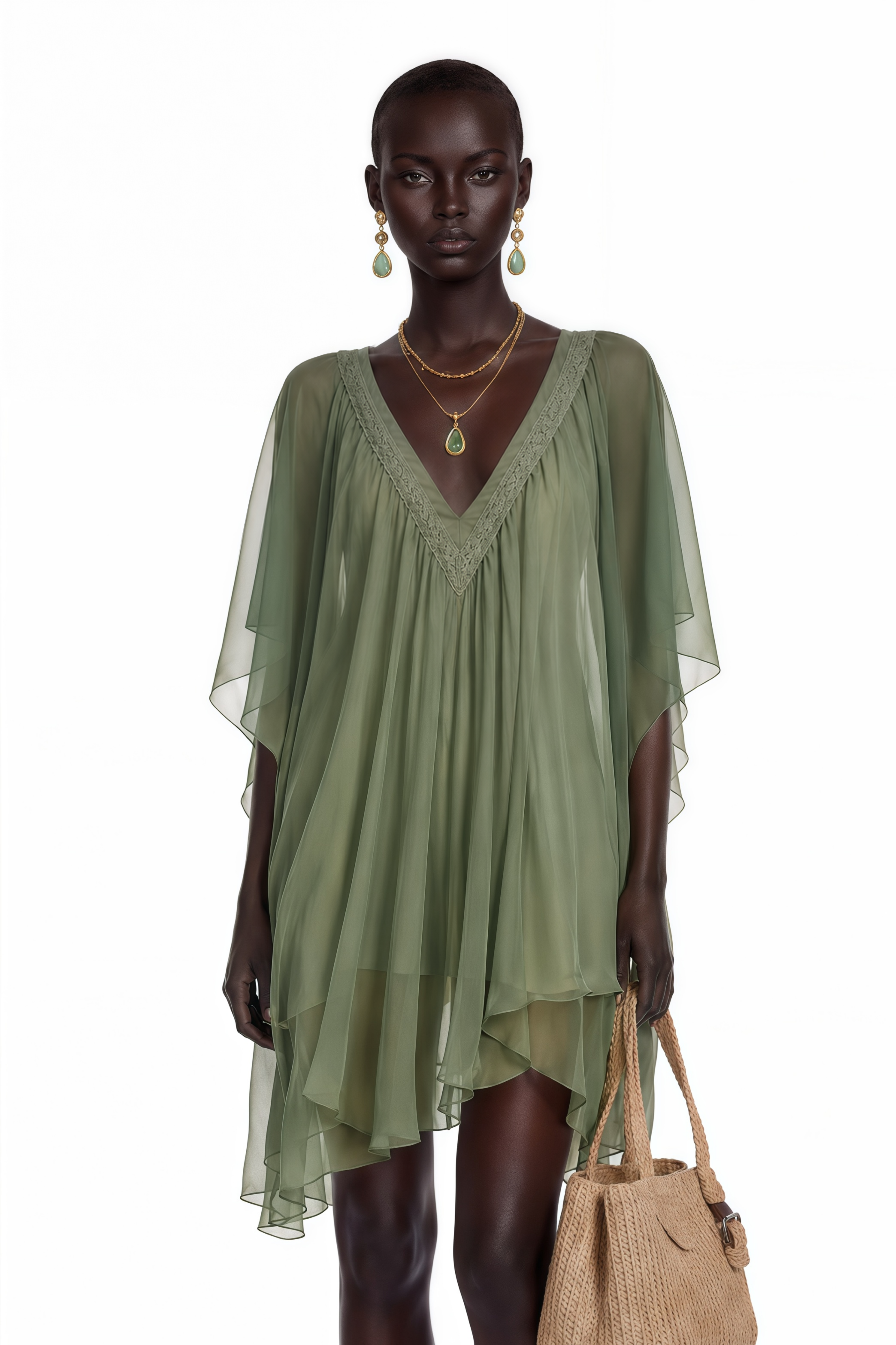 Sage green V-neck chiffon kaftan mini dress with lace trim