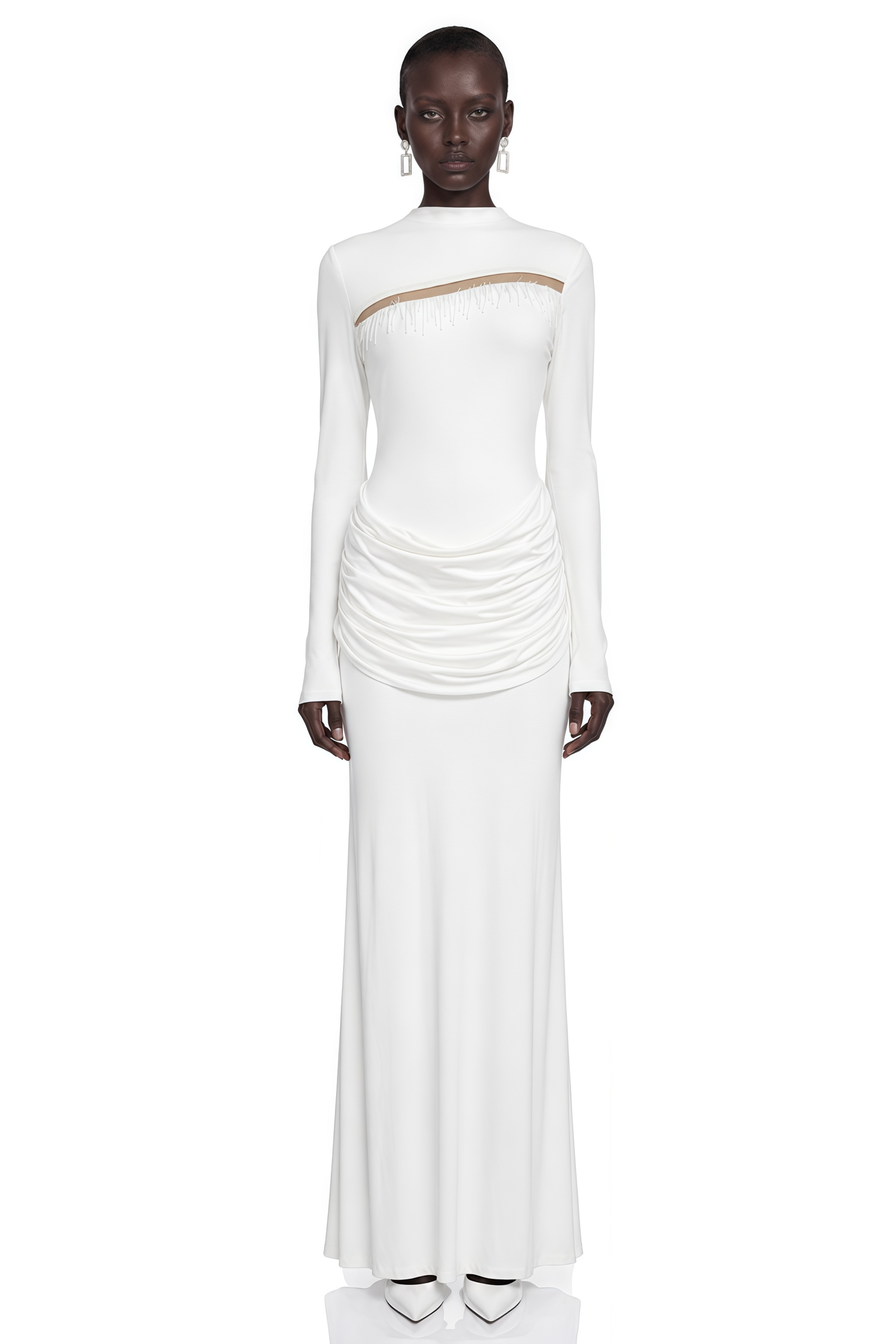 Cyrilla White Long Sleeve Ruched Maxi Dress