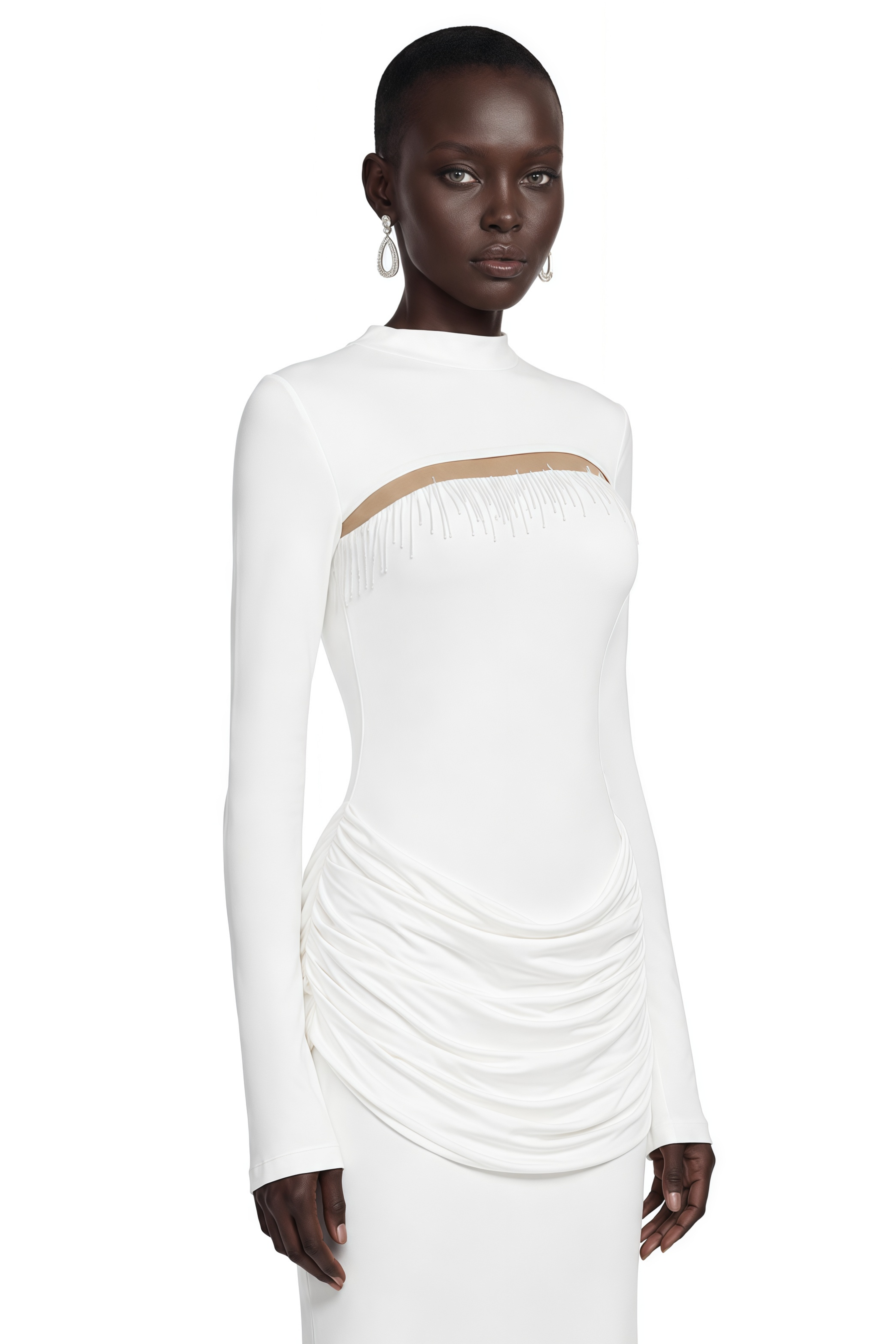 Cyrilla White Long Sleeve Ruched Maxi Dress