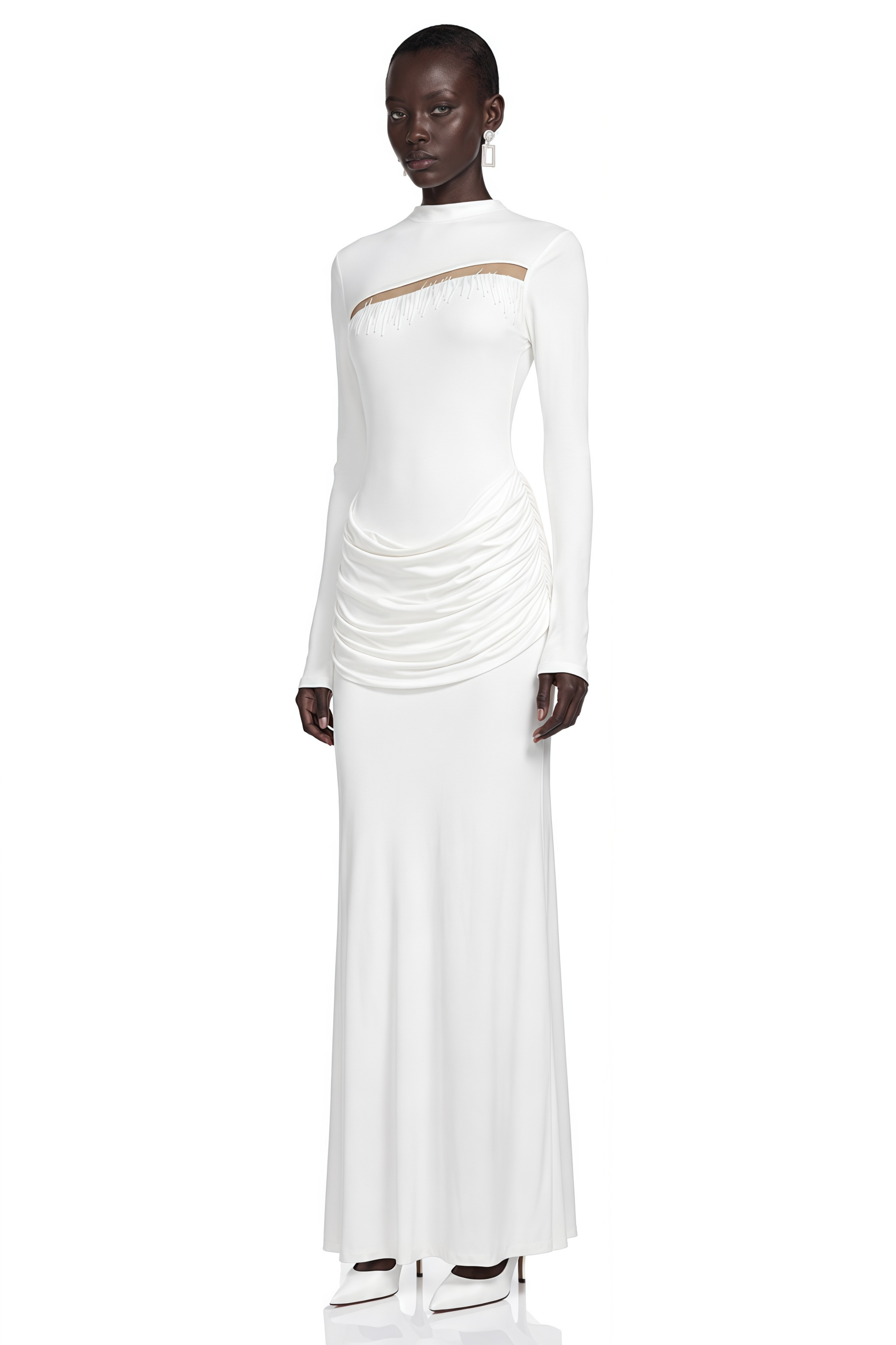 Cyrilla White Long Sleeve Ruched Maxi Dress