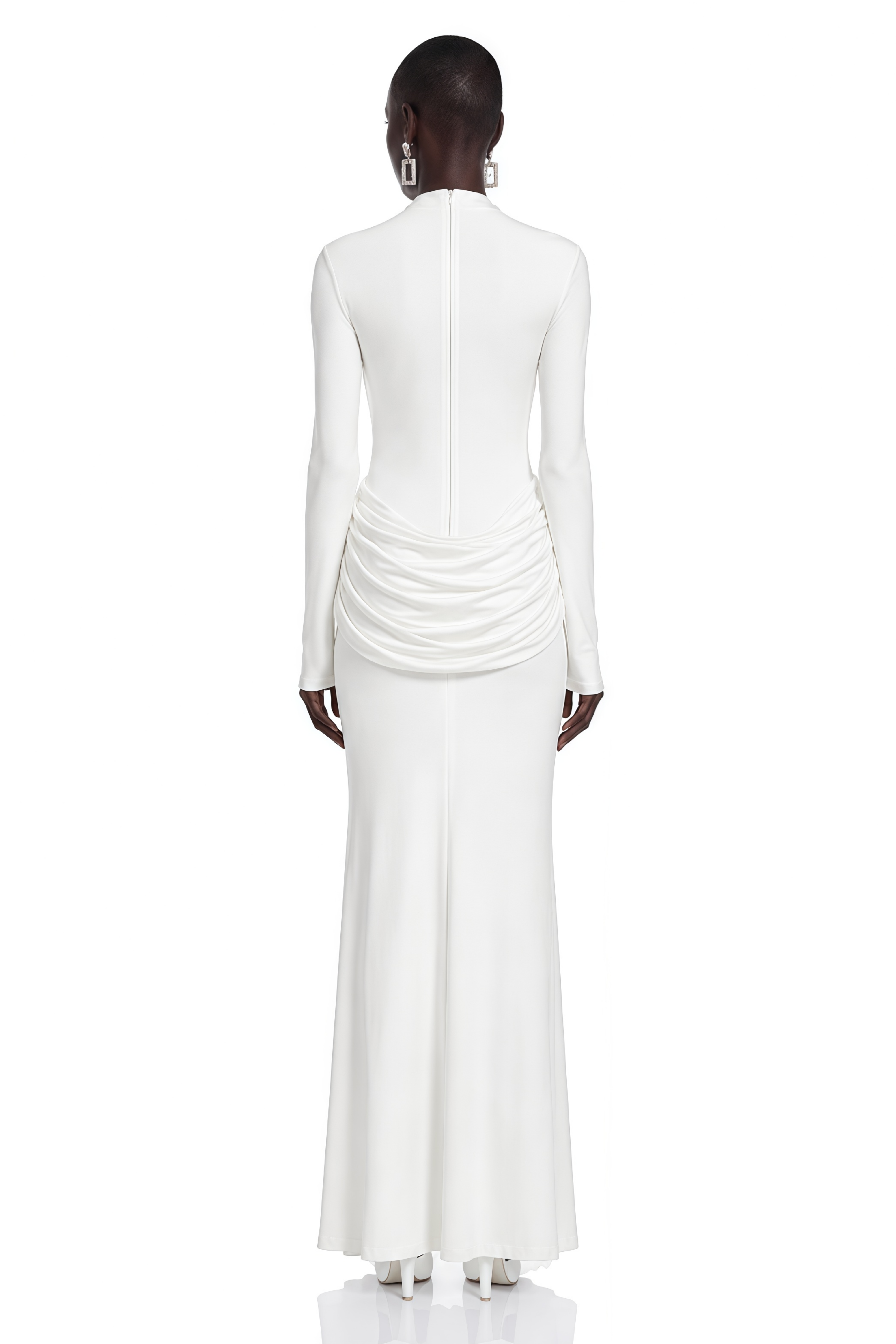 Cyrilla White Long Sleeve Ruched Maxi Dress