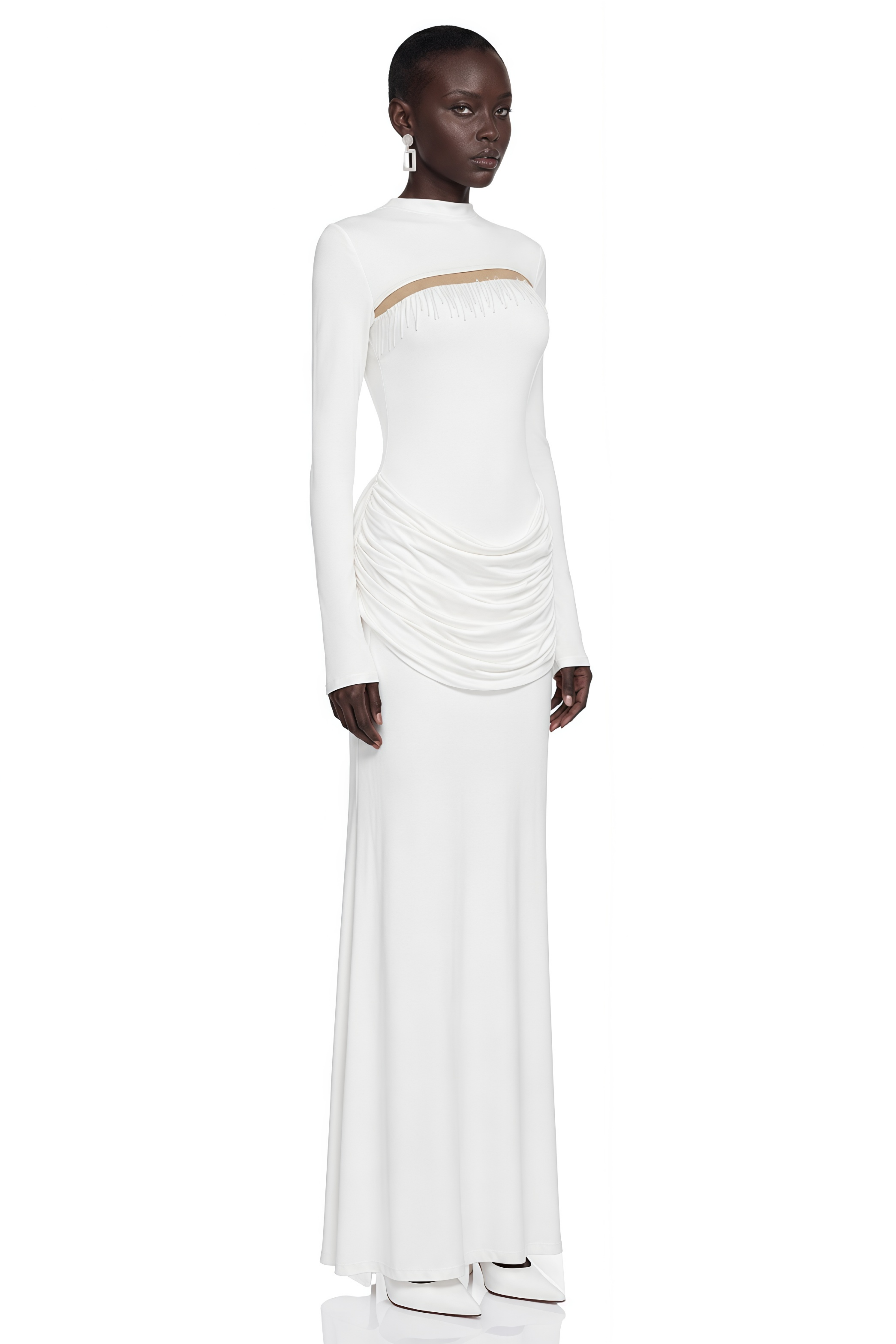 Cyrilla White Long Sleeve Ruched Maxi Dress