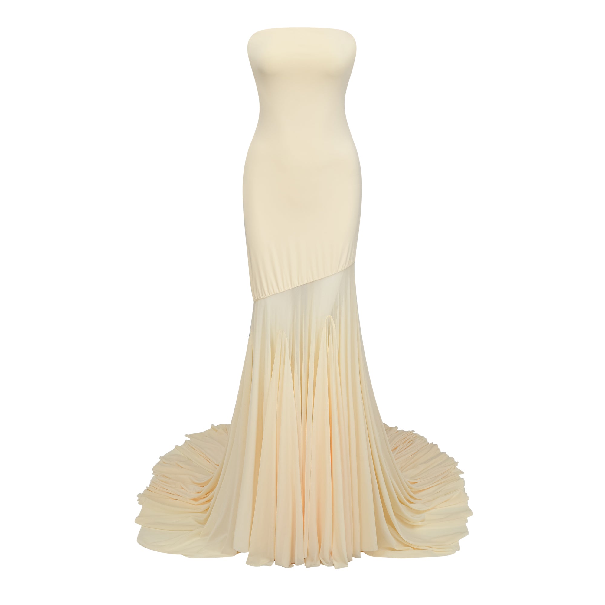 Pale yellow strapless gown with an asymmetrical bodice and pleated sheer skirt