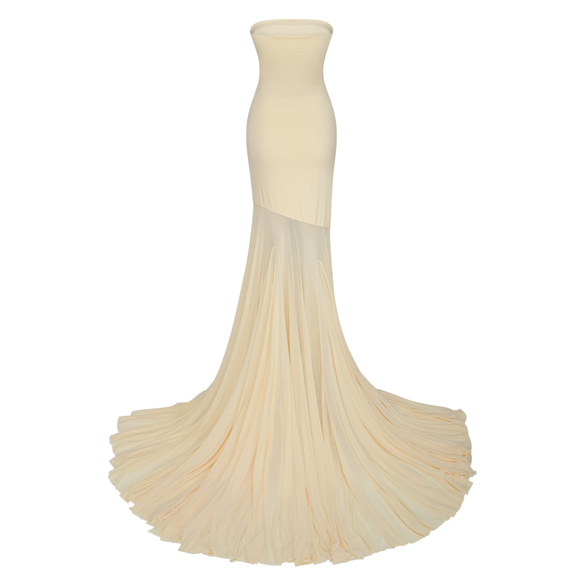 Pale yellow strapless gown with an asymmetrical bodice and pleated sheer skirt