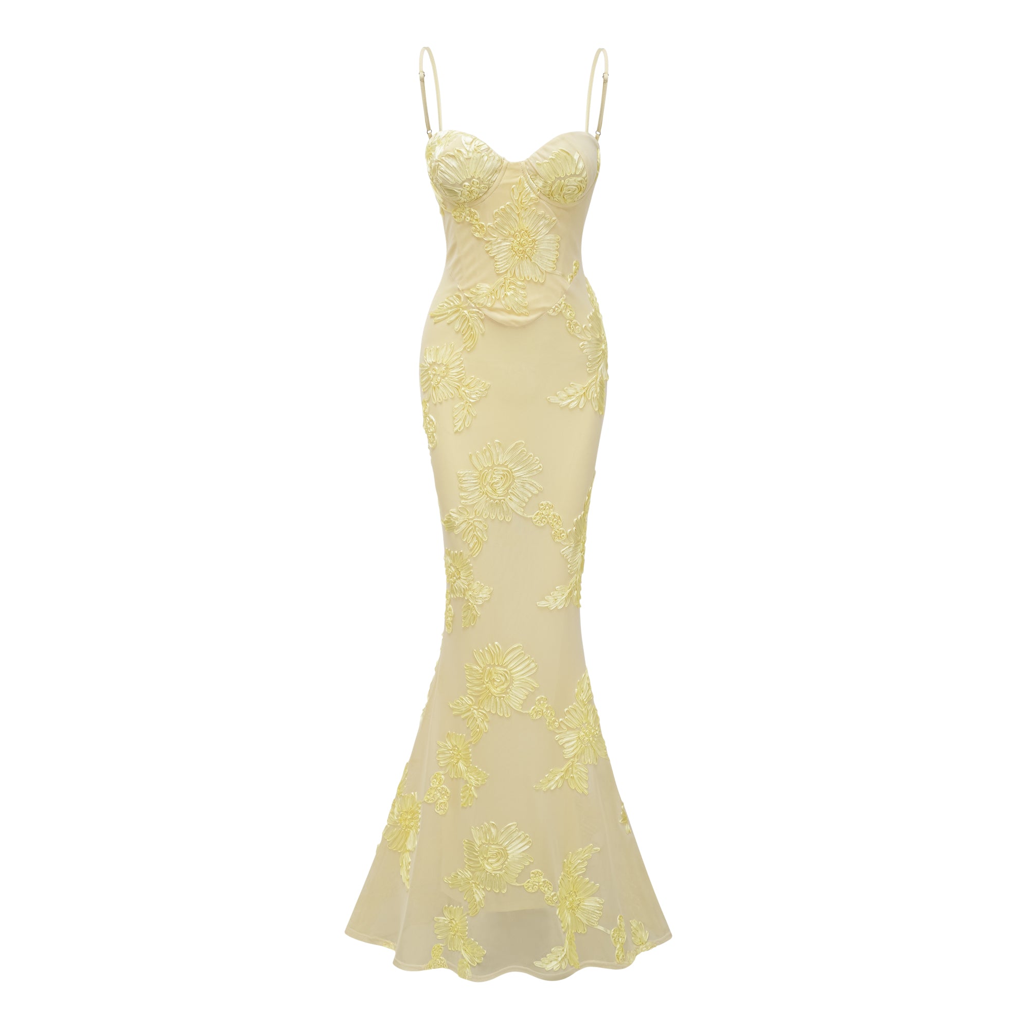 Yellow spaghetti strap gown with a floral-embroidered corset bodice