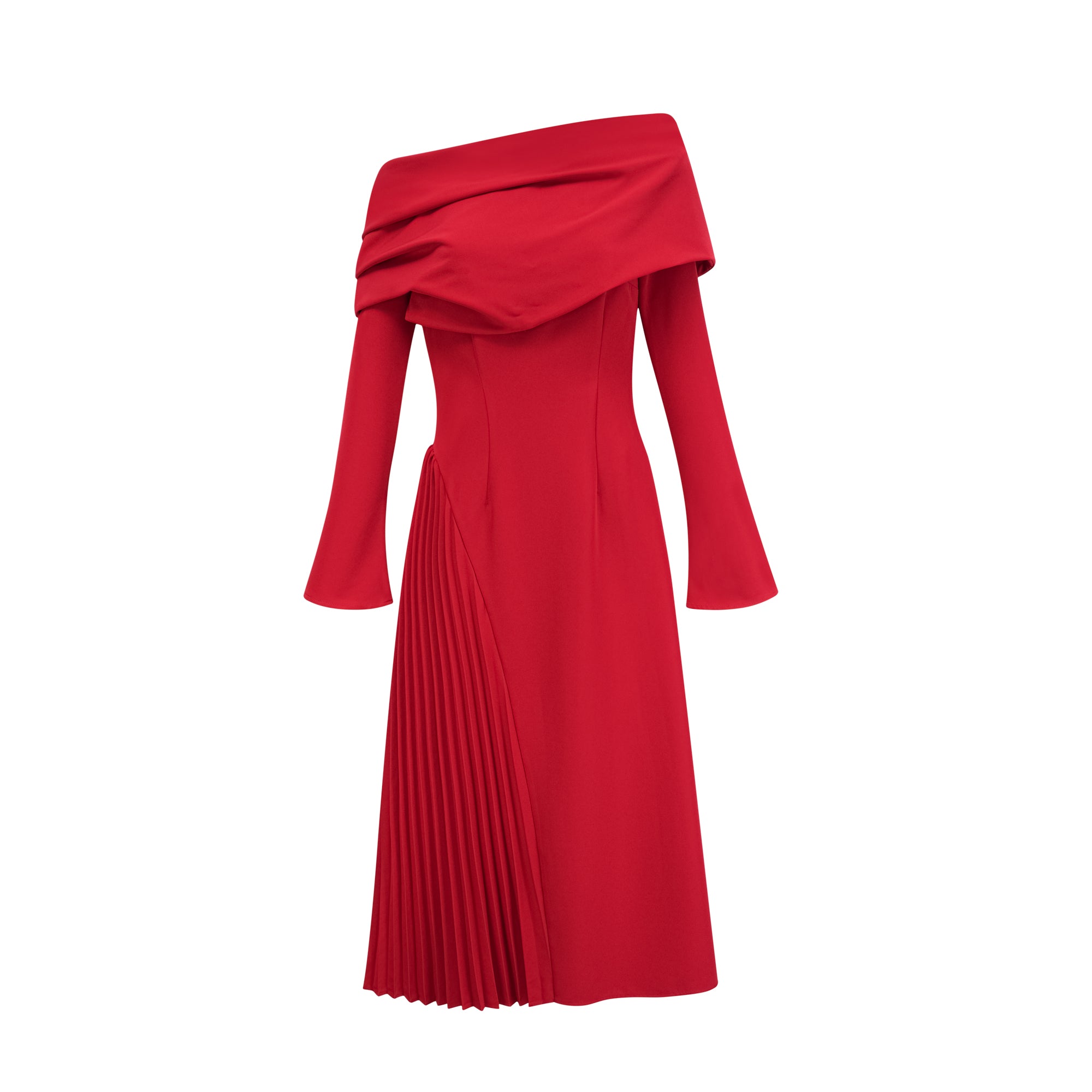 Red off-the-shoulder long-sleeve dress with a pleated skirt panel
