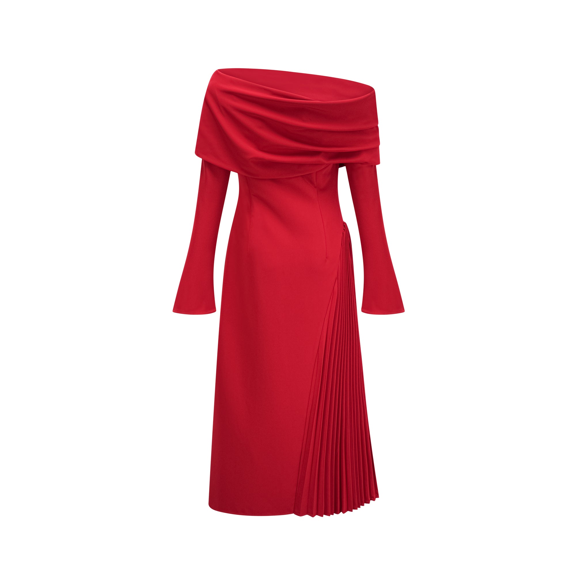 Red off-the-shoulder long-sleeve dress with a pleated skirt panel
