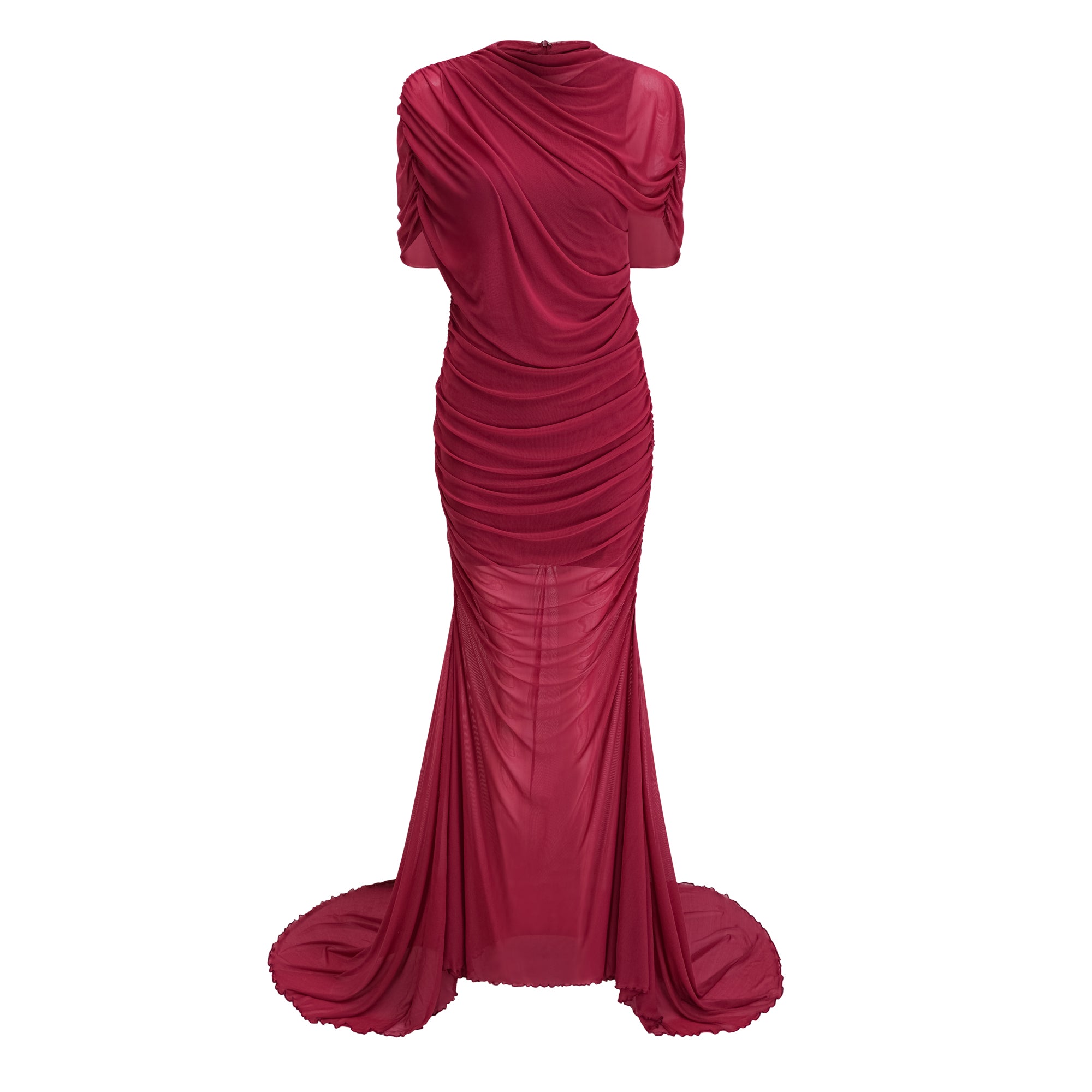 Burgundy ruched gown with a draped high neckline and sheer skirt