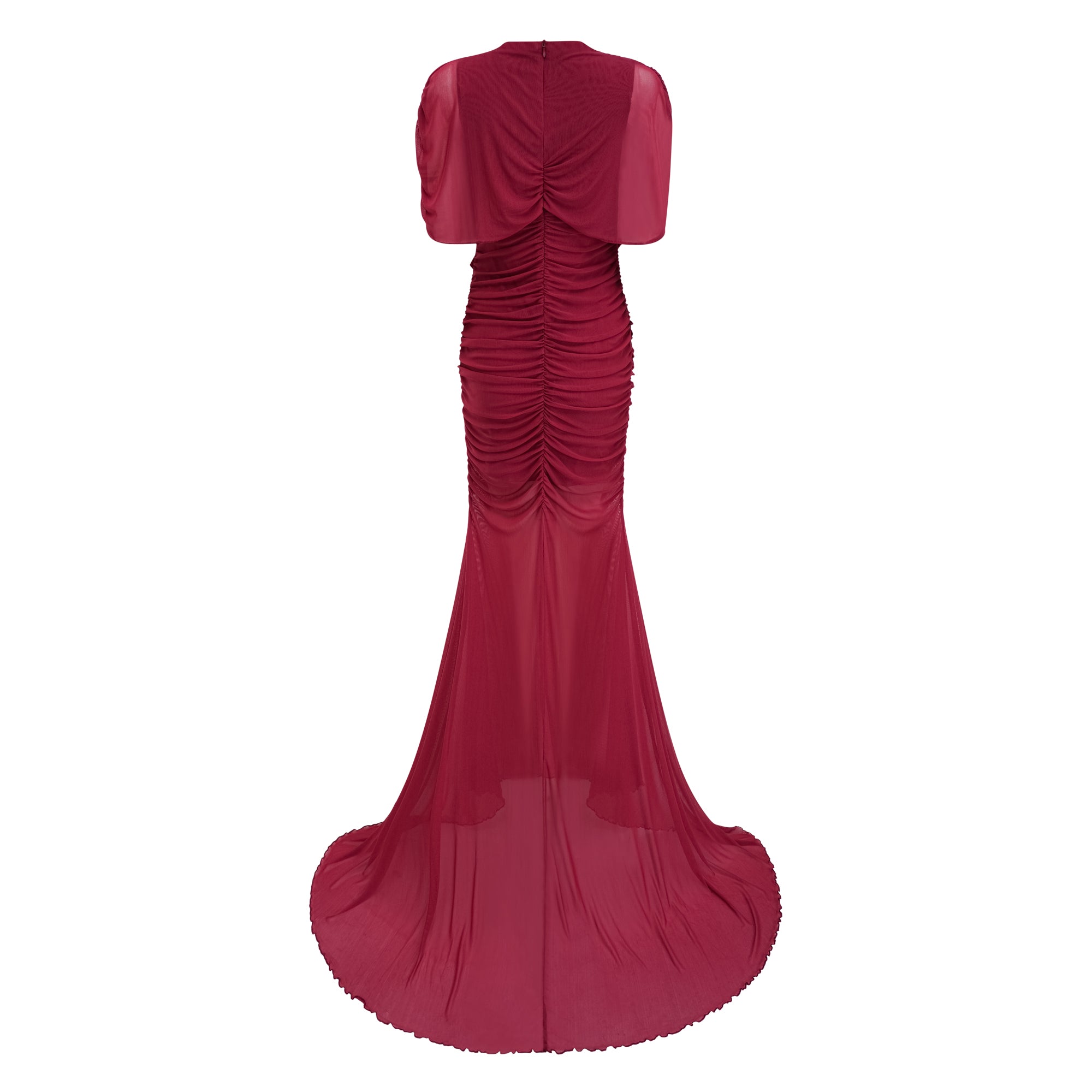 Burgundy ruched gown with a draped high neckline and sheer skirt