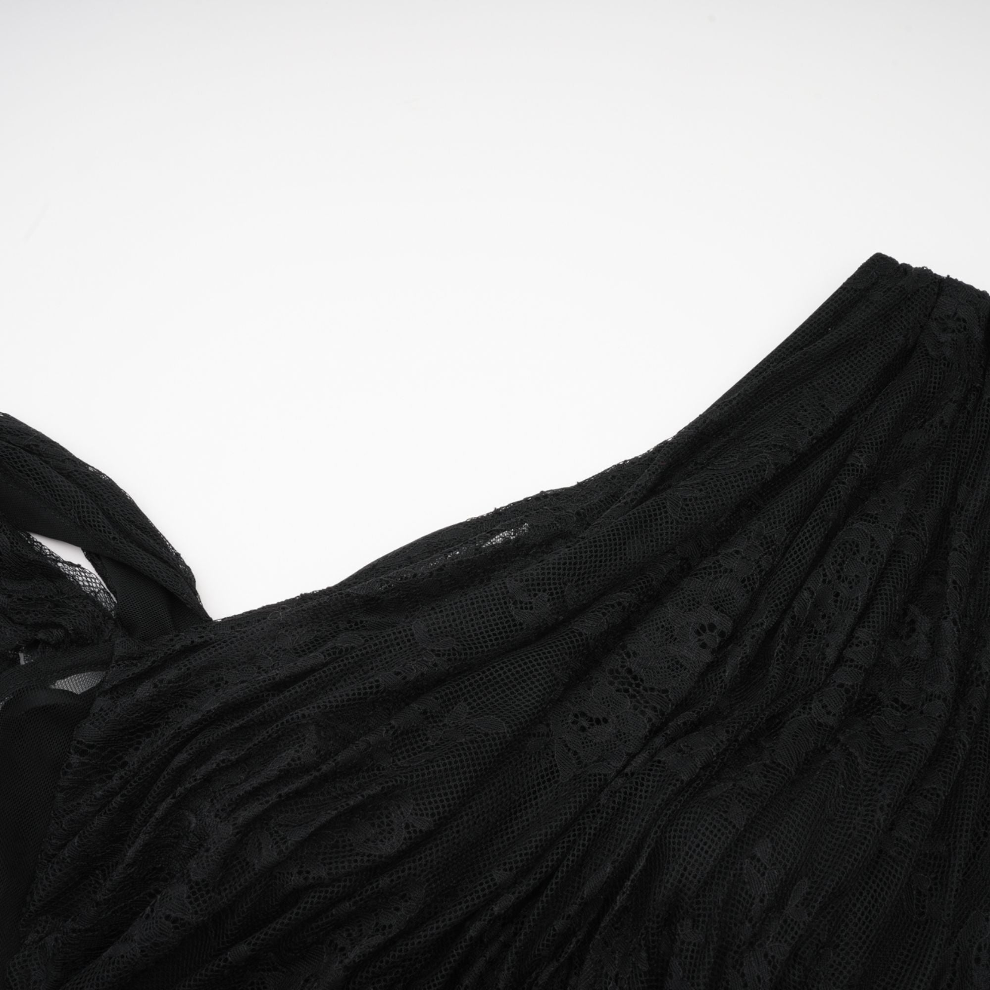 Black One-Shoulder Lace Maxi Dress with Ruched Detailing and High Leg Slit