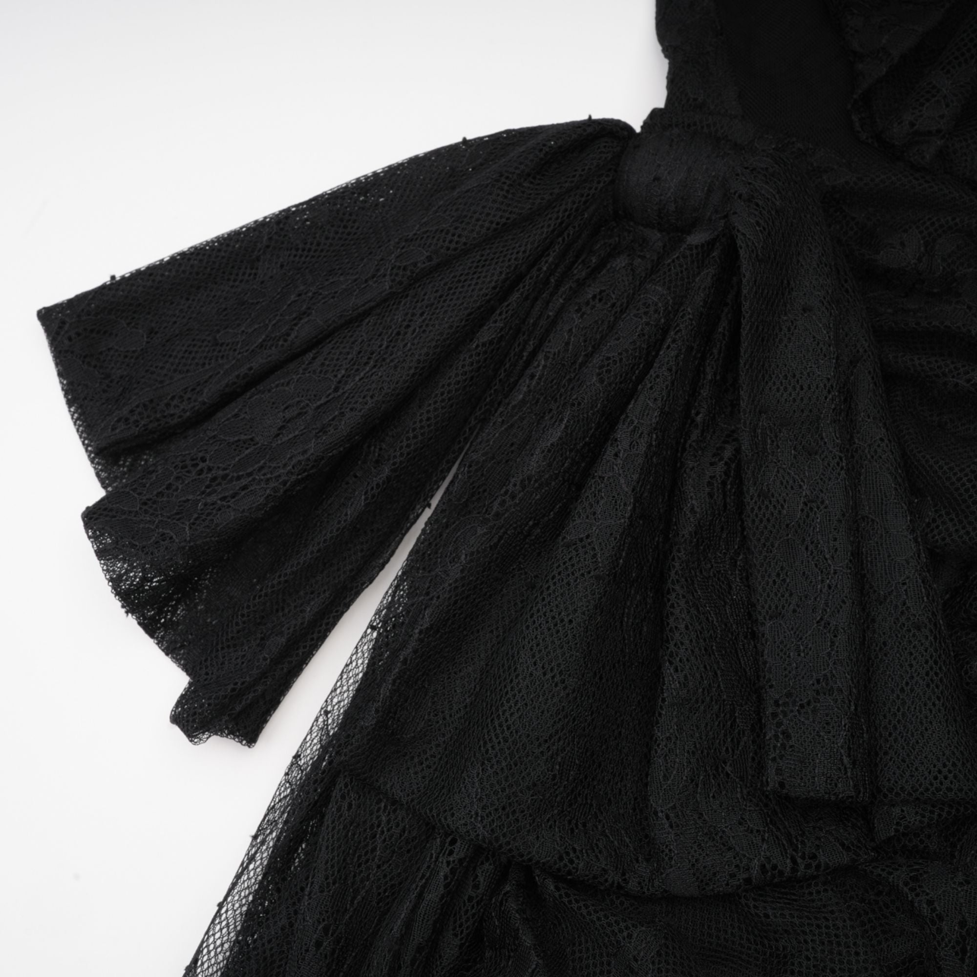 Black One-Shoulder Lace Maxi Dress with Ruched Detailing and High Leg Slit