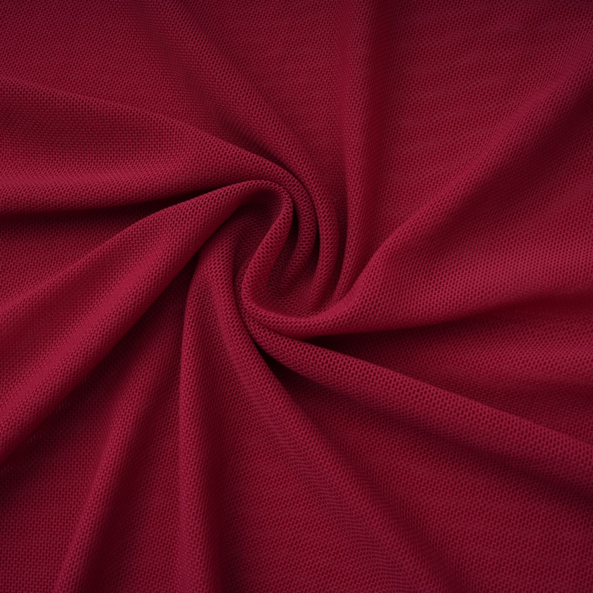 Burgundy ruched gown with a draped high neckline and sheer skirt