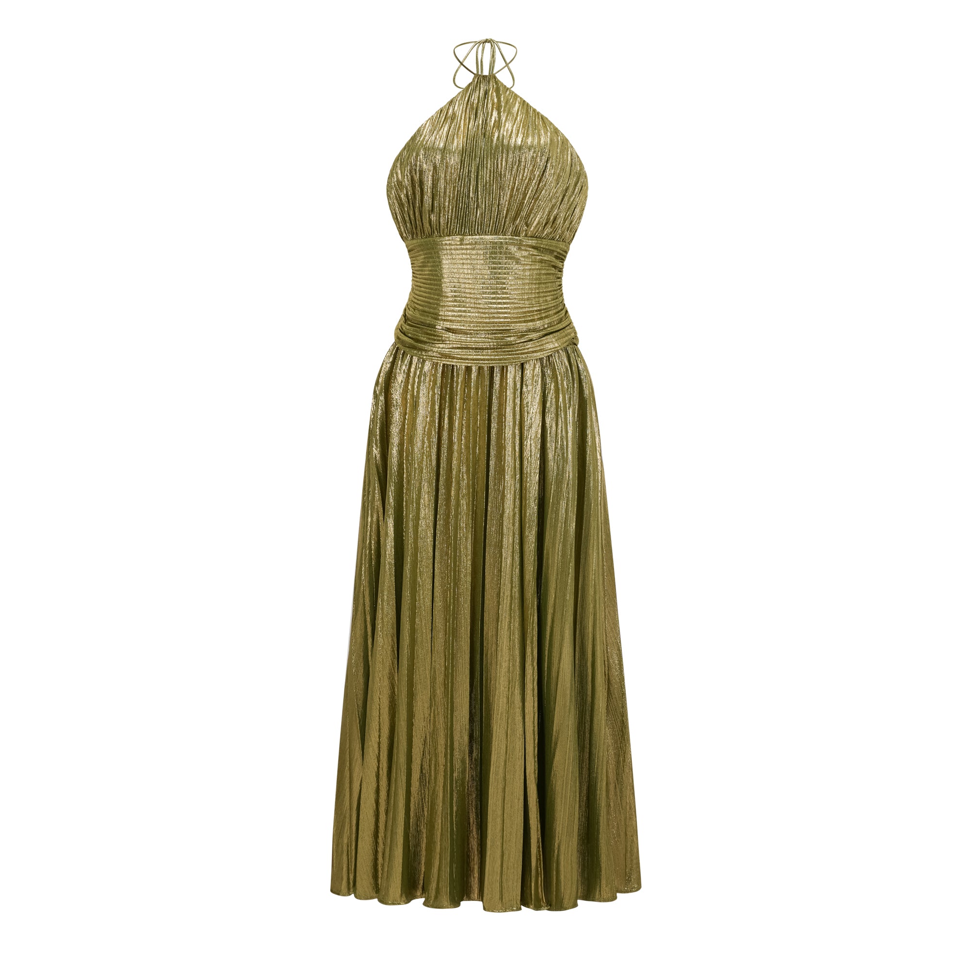 Olive green metallic halter gown with a pleated skirt and high slit