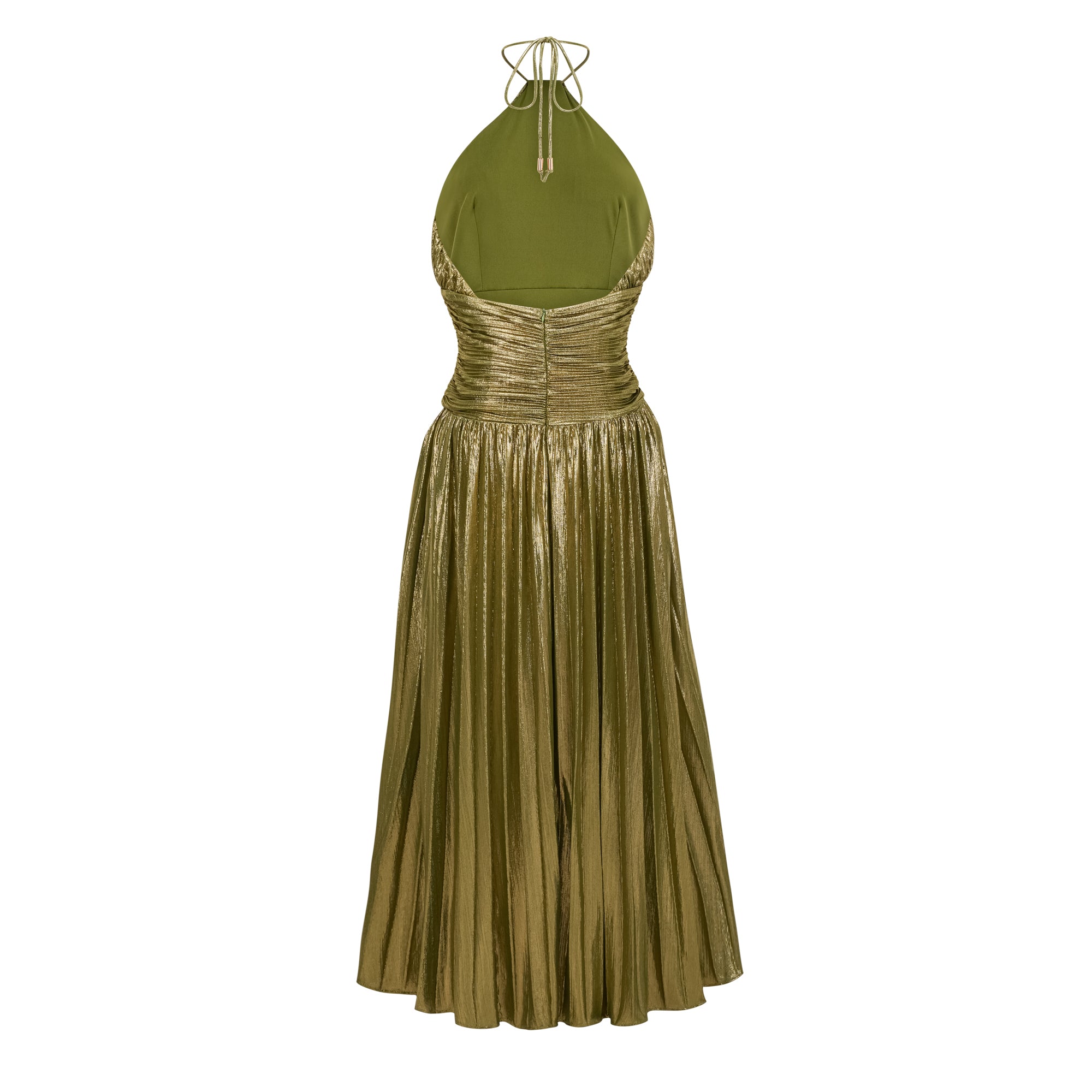Olive green metallic halter gown with a pleated skirt and high slit
