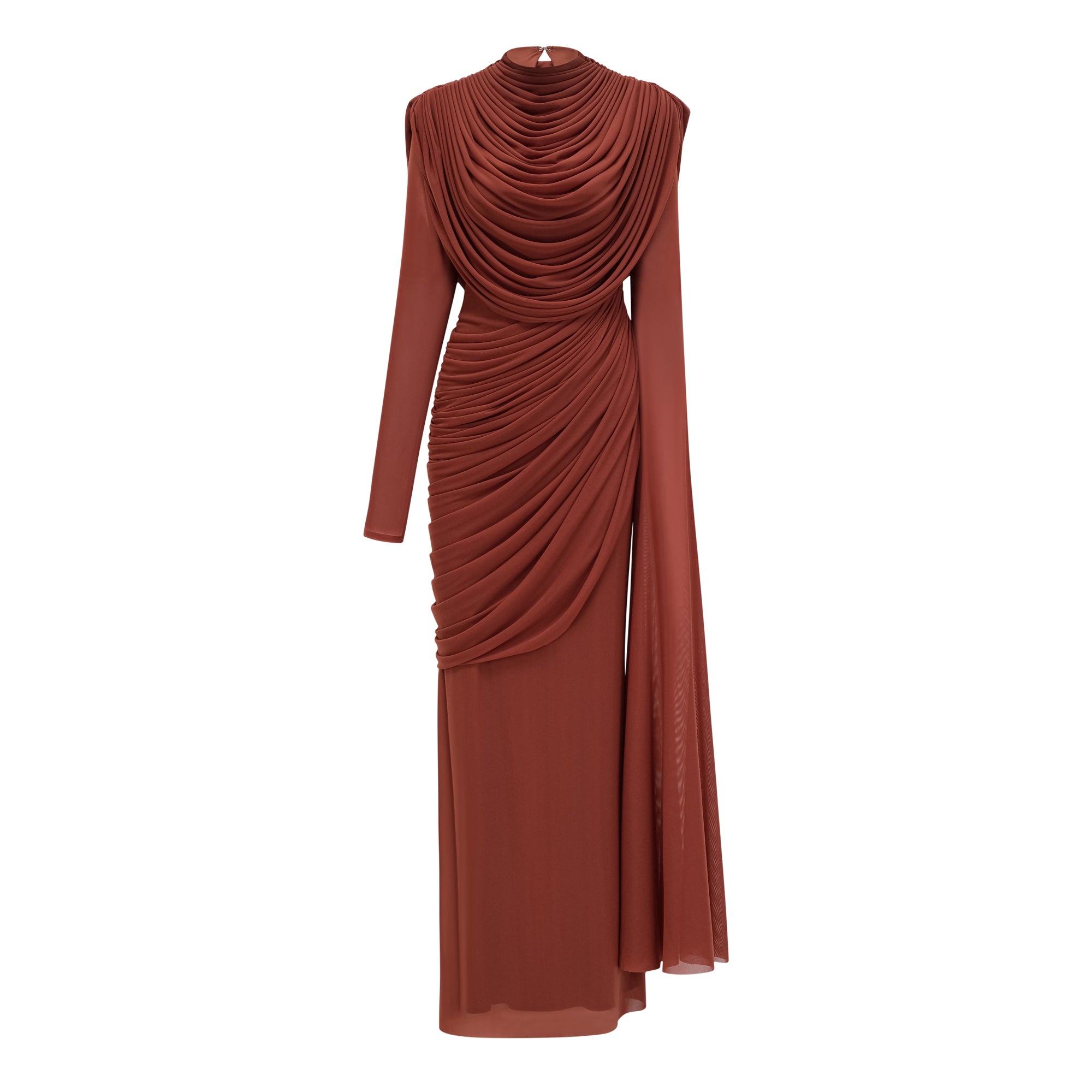 Rust-colored long-sleeve maxi dress with a draped cowl neckline and pleated bodice