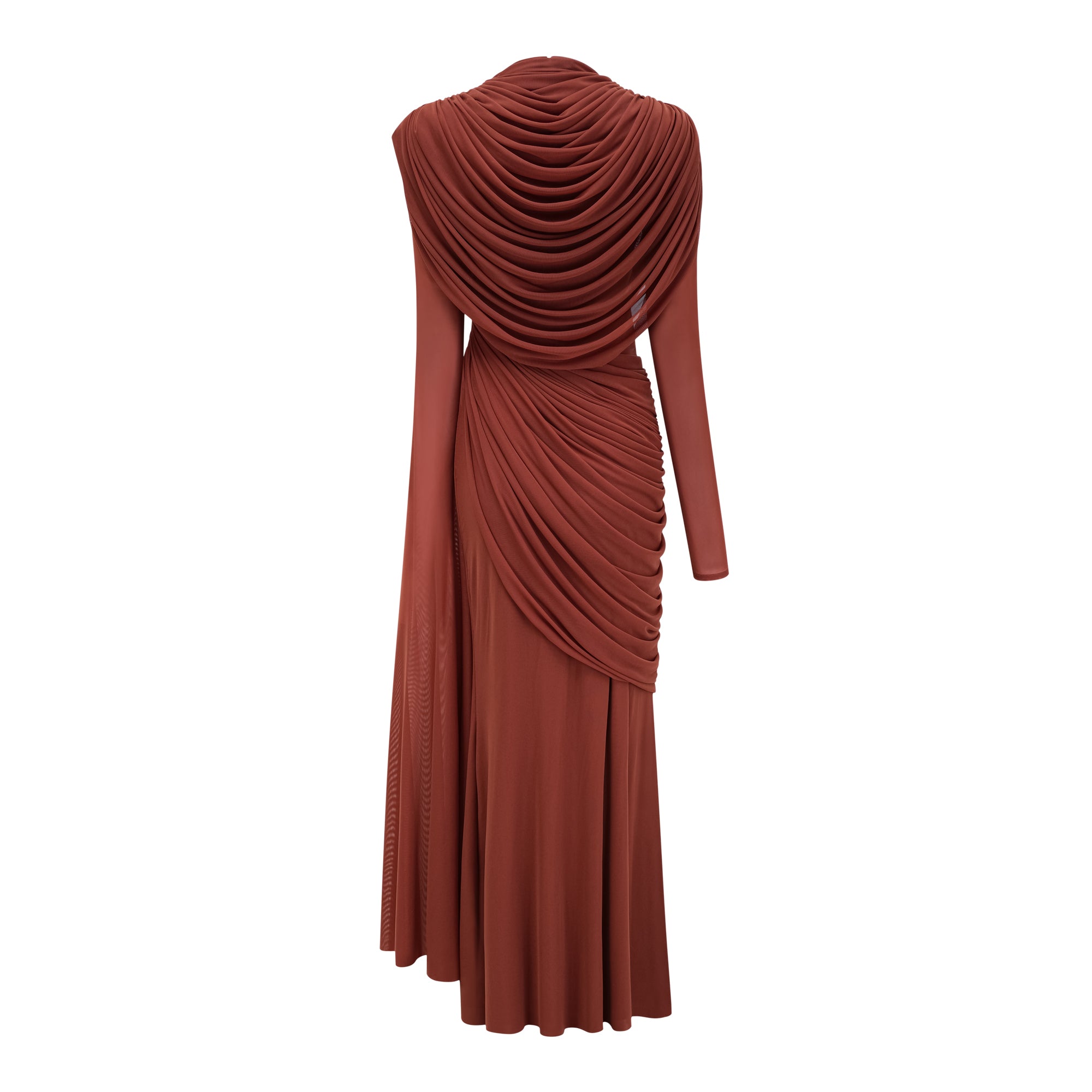 Rust-colored long-sleeve maxi dress with a draped cowl neckline and pleated bodice