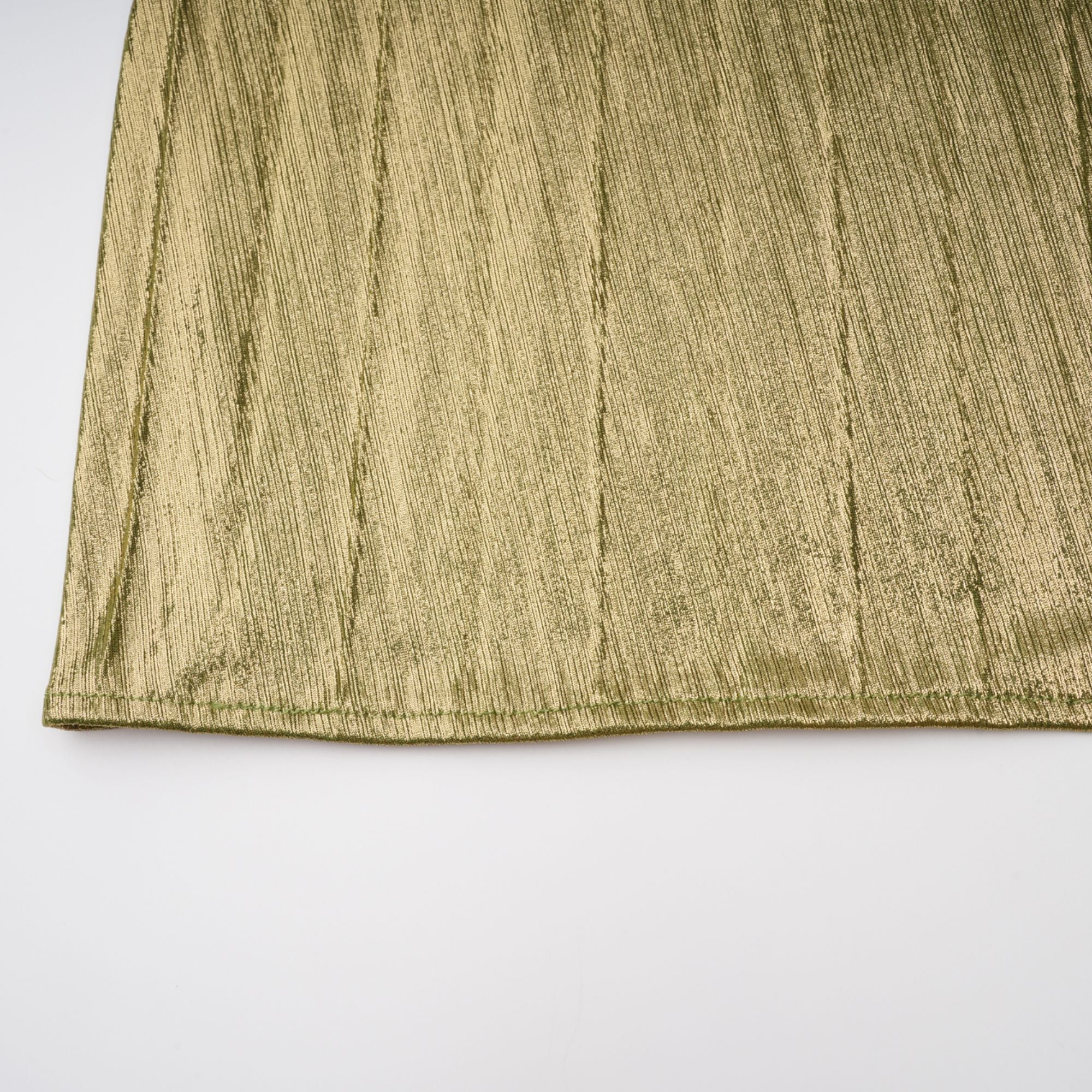 Olive green metallic halter gown with a pleated skirt and high slit