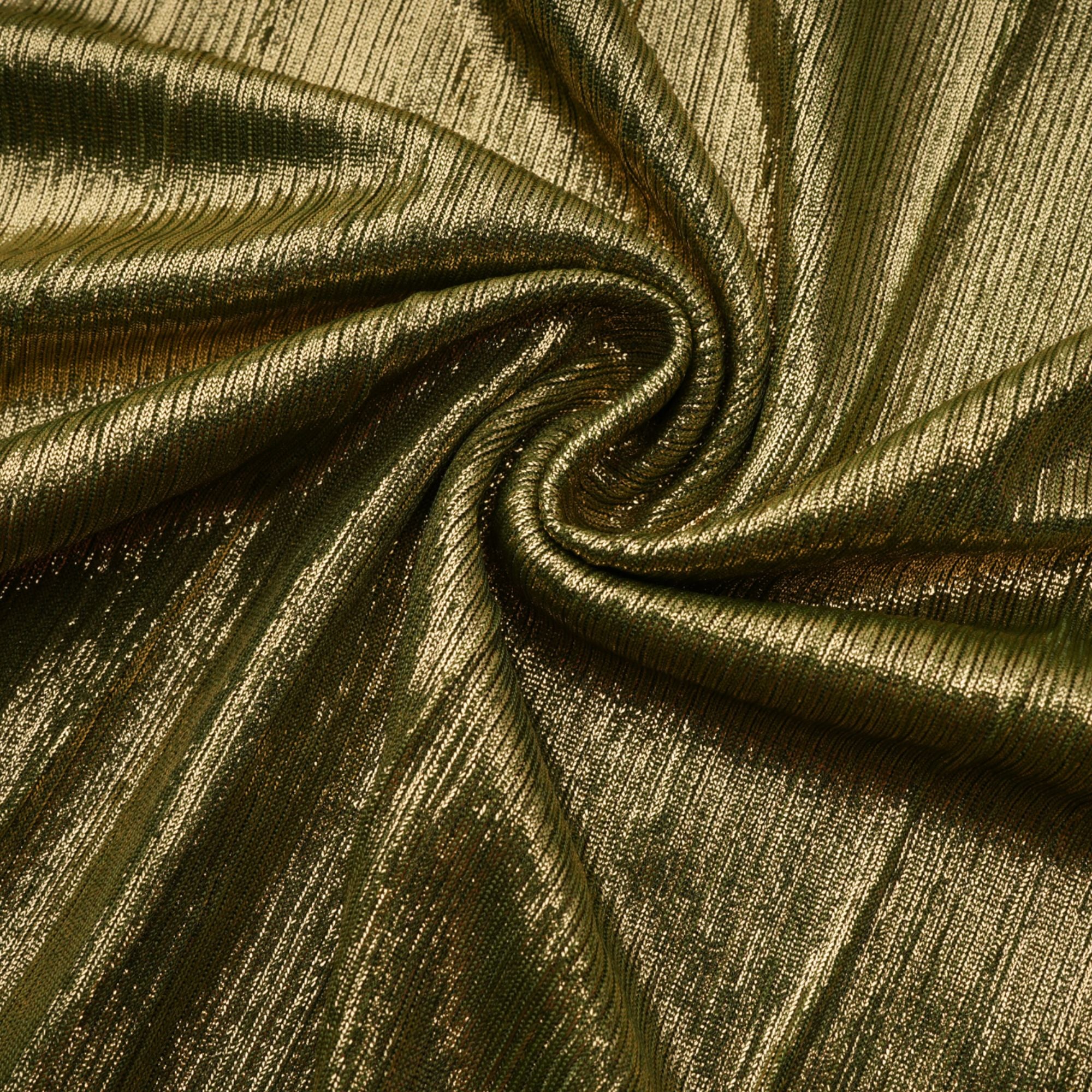 Olive green metallic halter gown with a pleated skirt and high slit