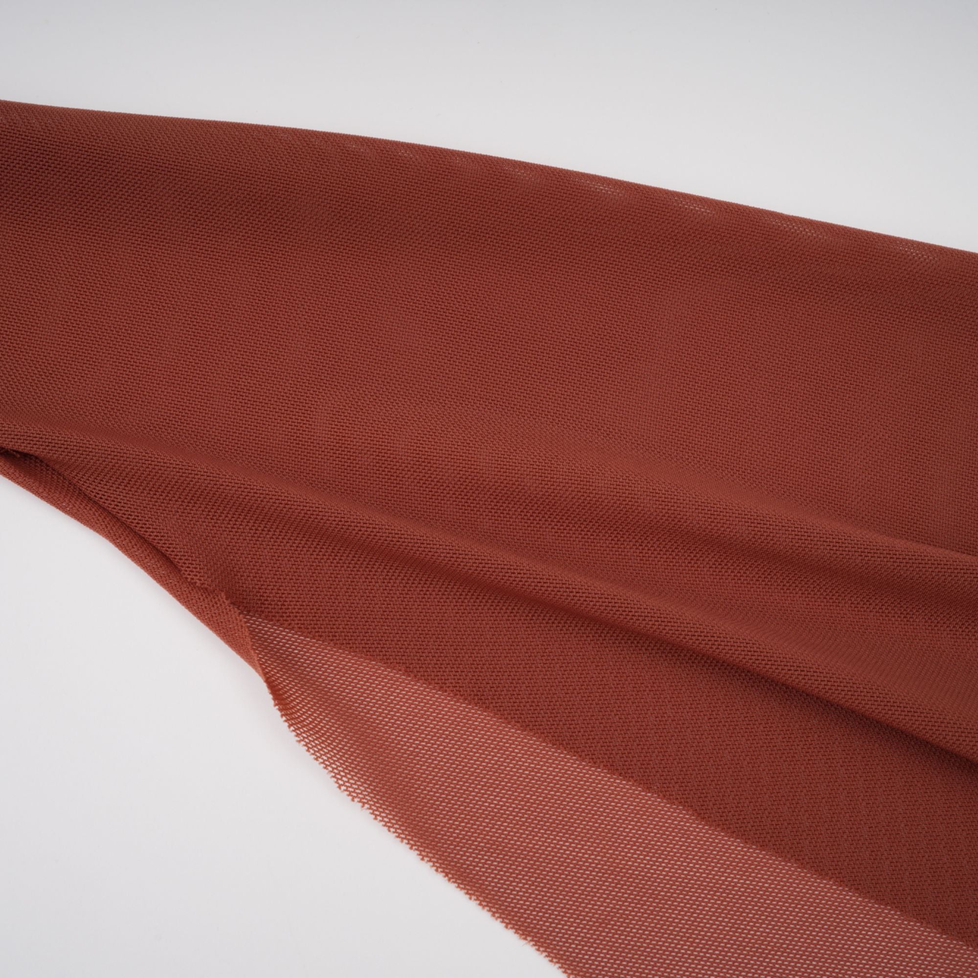 Rust-colored long-sleeve maxi dress with a draped cowl neckline and pleated bodice