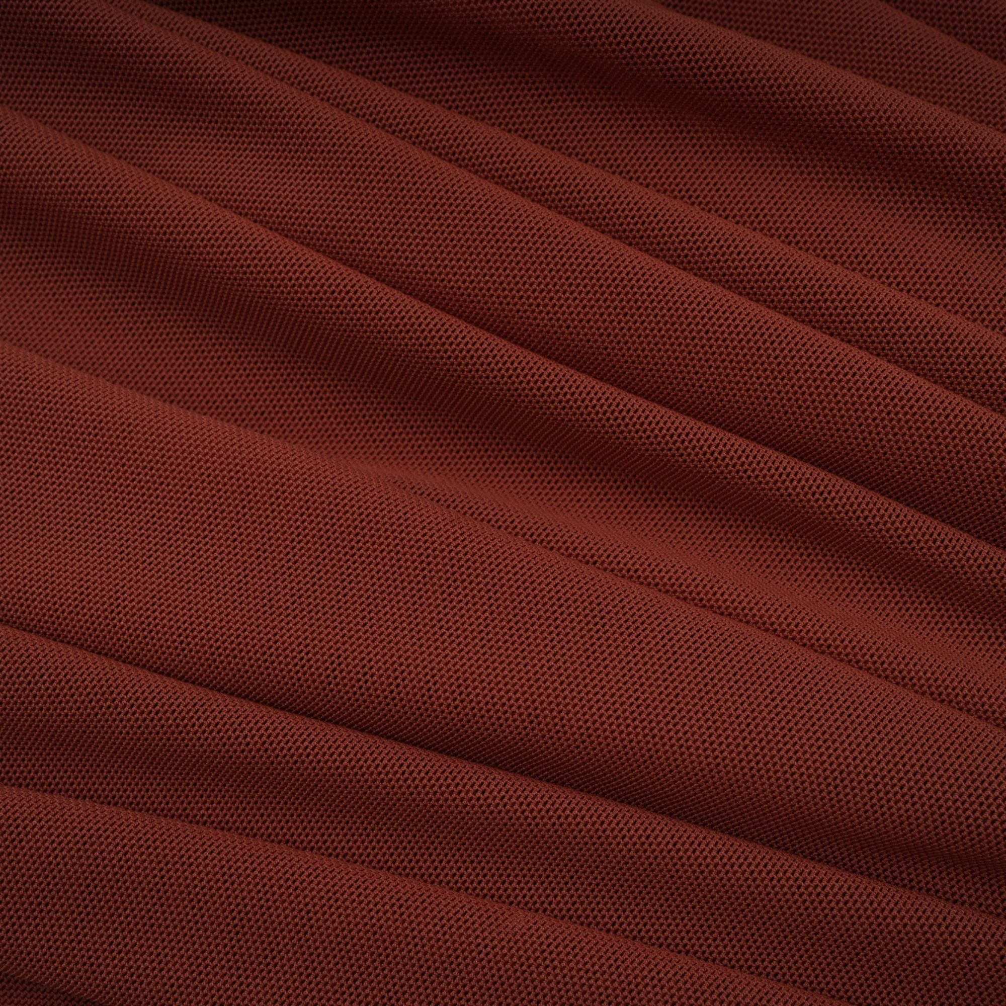 Rust-colored long-sleeve maxi dress with a draped cowl neckline and pleated bodice