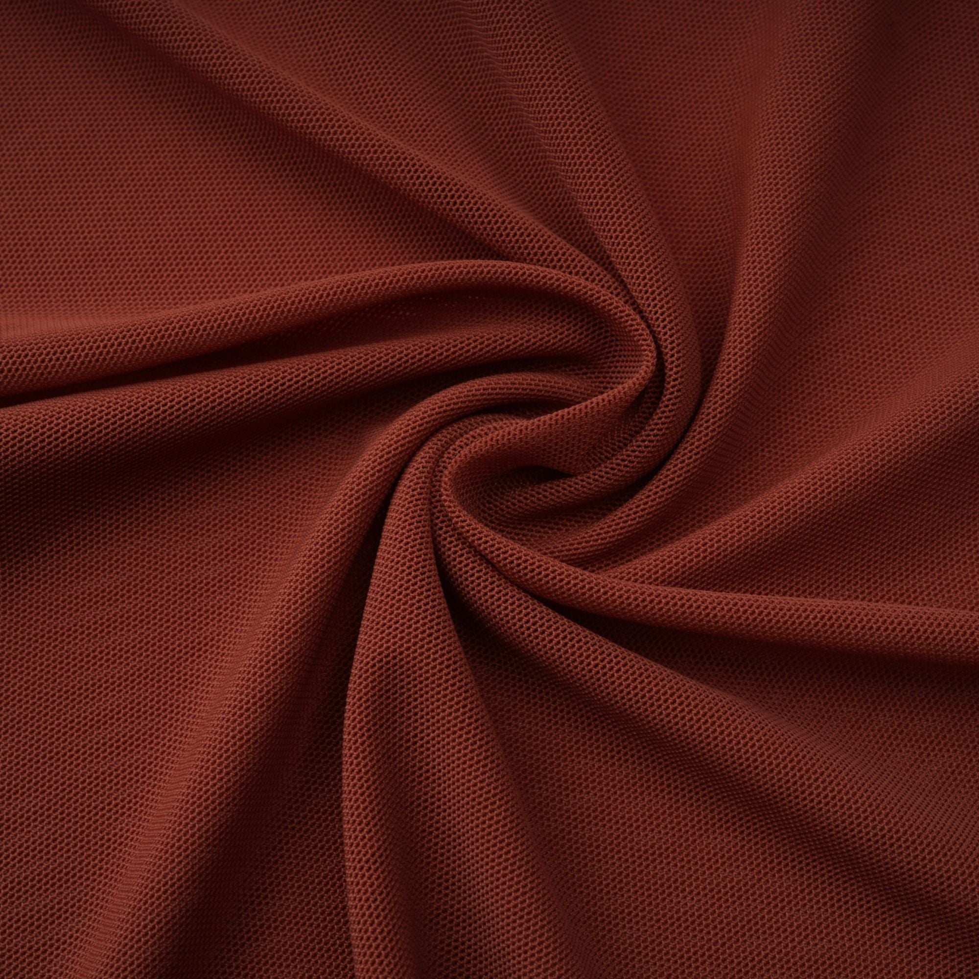 Rust-colored long-sleeve maxi dress with a draped cowl neckline and pleated bodice