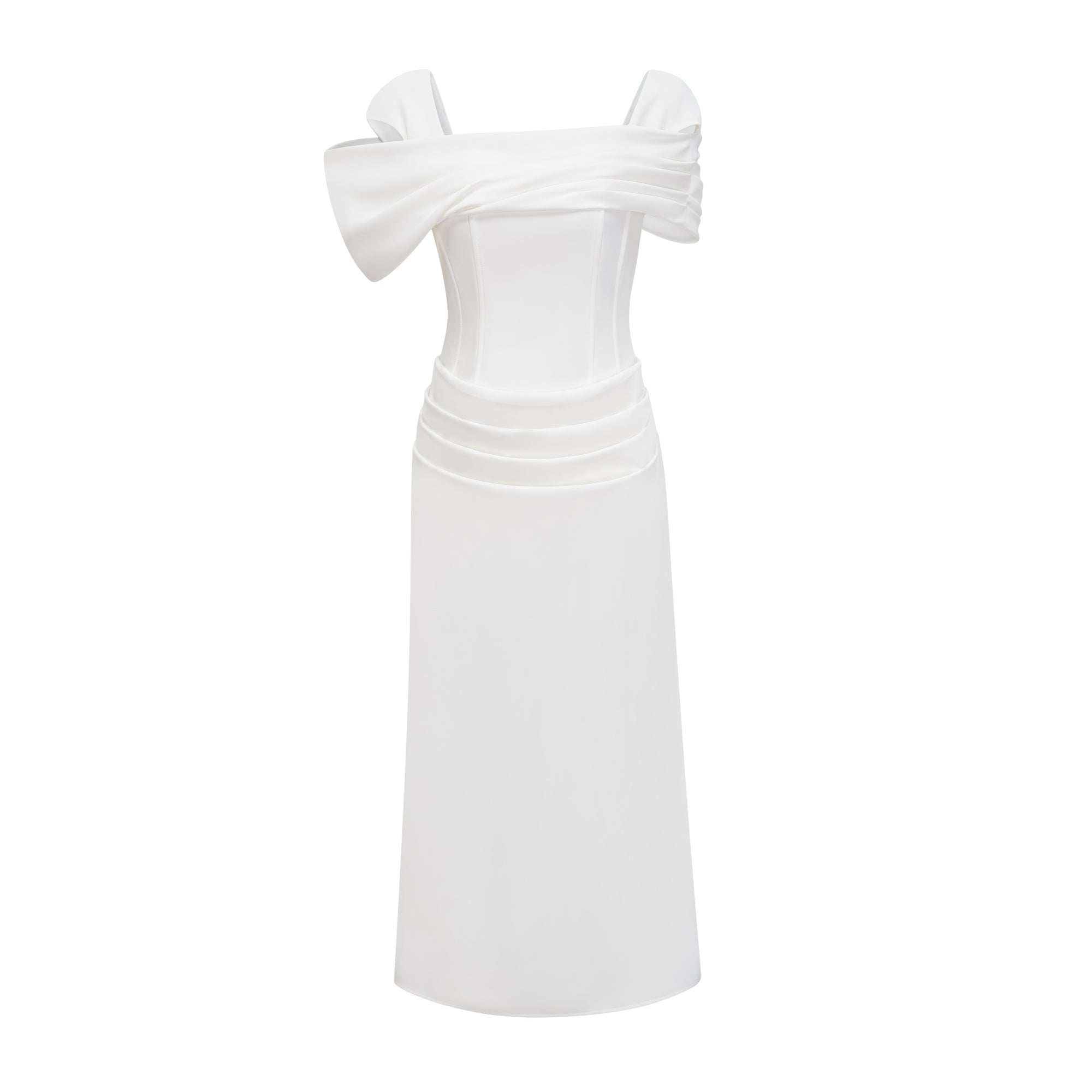 White off-the-shoulder gown with a draped bodice and cascading side ruffles