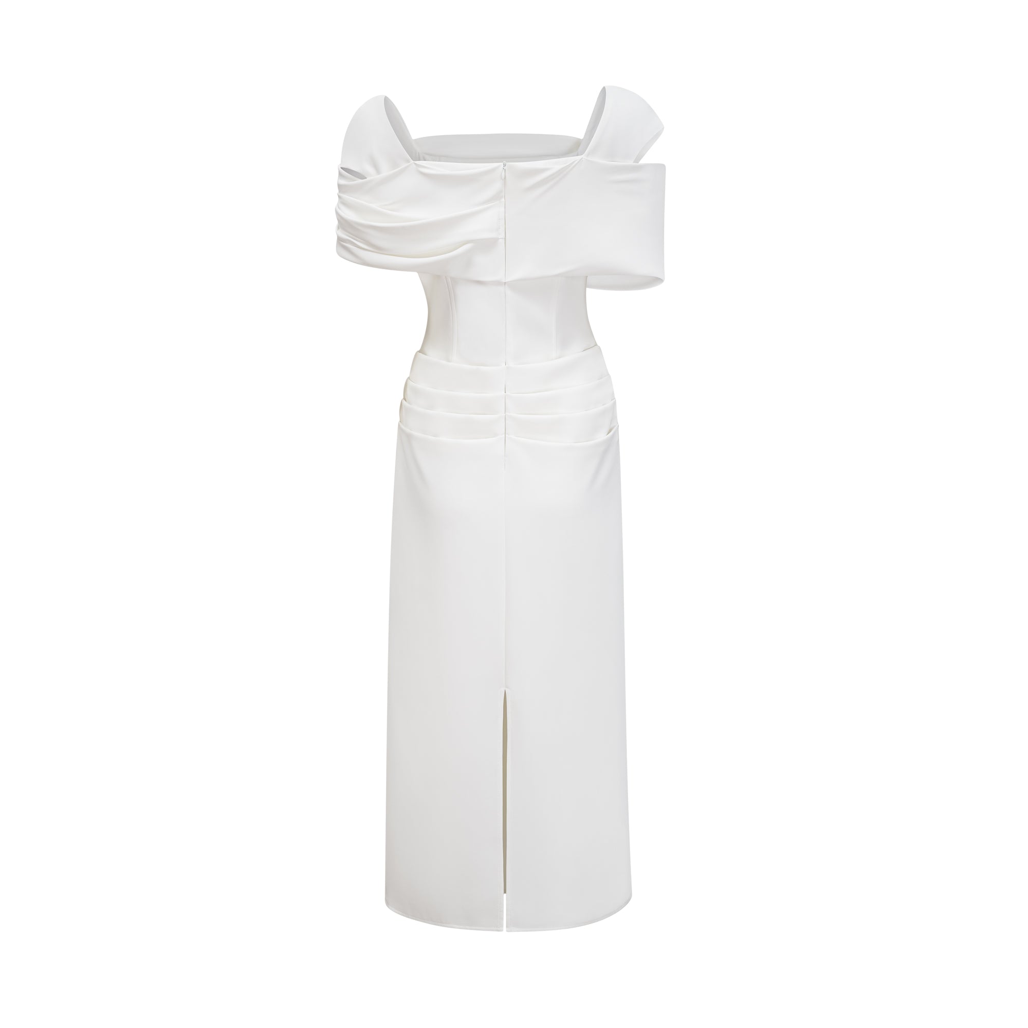 White off-the-shoulder gown with a draped bodice and cascading side ruffles