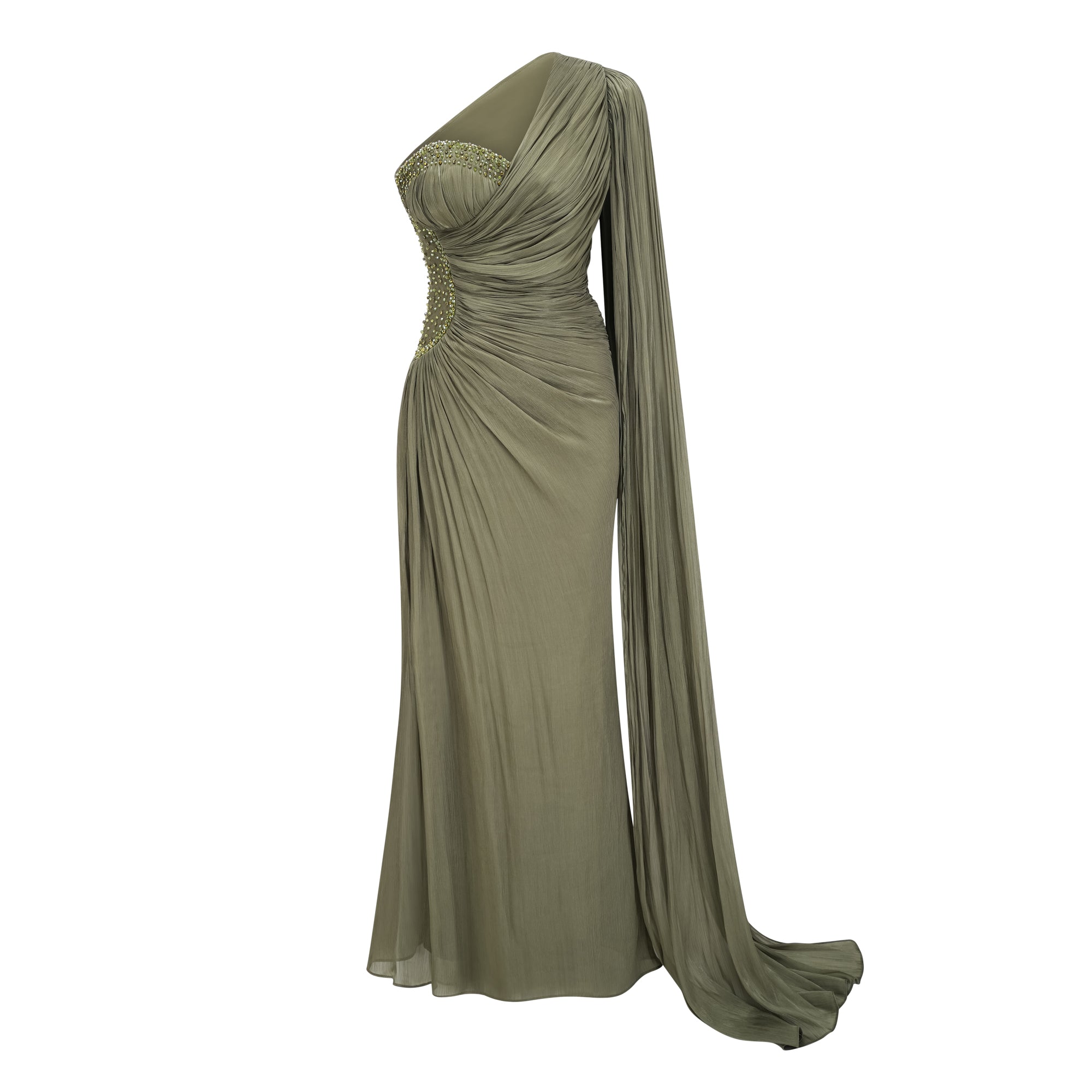 Olive green pleated one-shoulder gown with beaded embellishments and a long draped shoulder cape