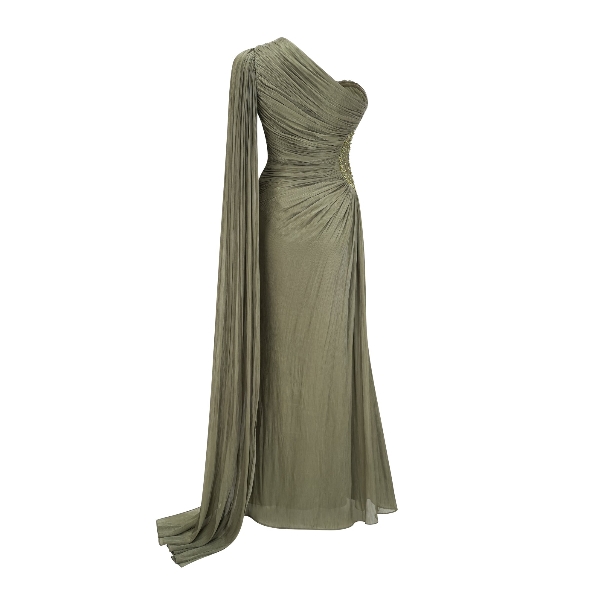 Olive green pleated one-shoulder gown with beaded embellishments and a long draped shoulder cape