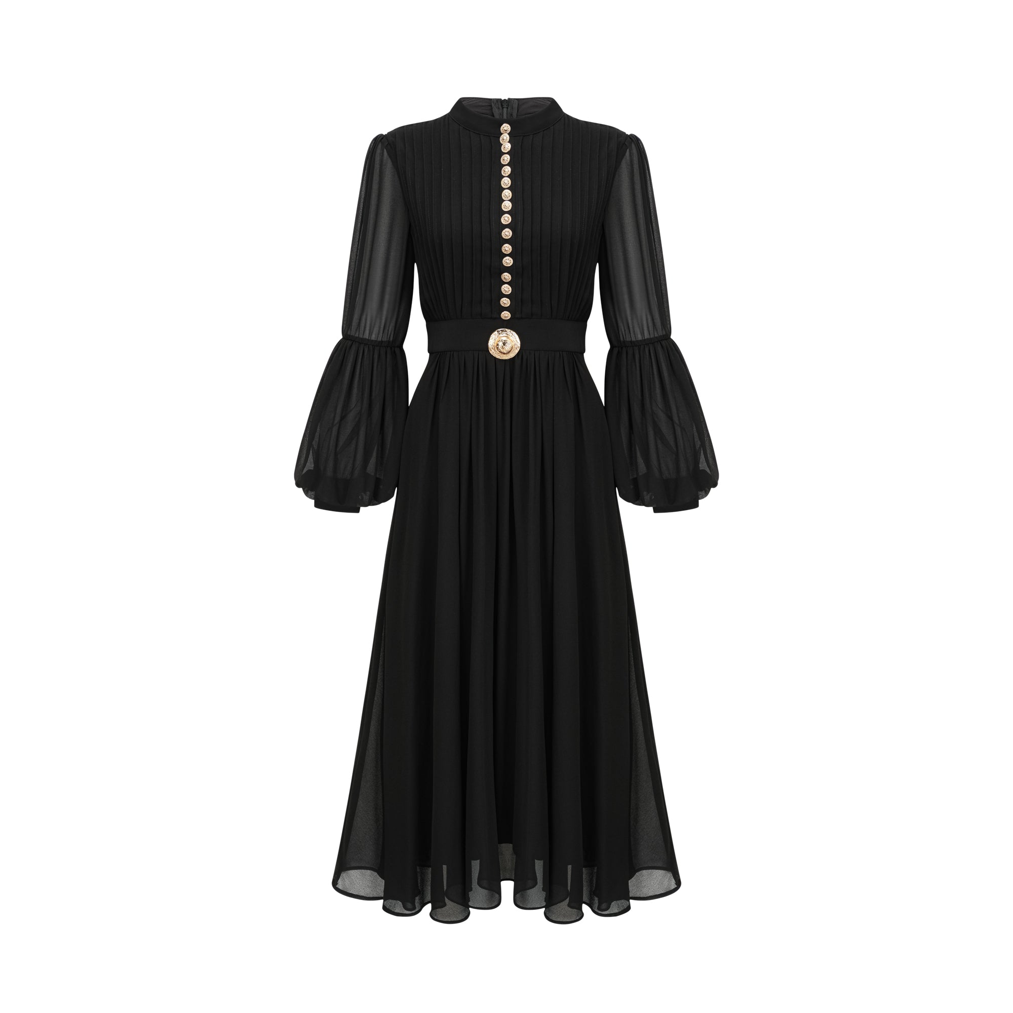 Black pleated midi dress with gold button details