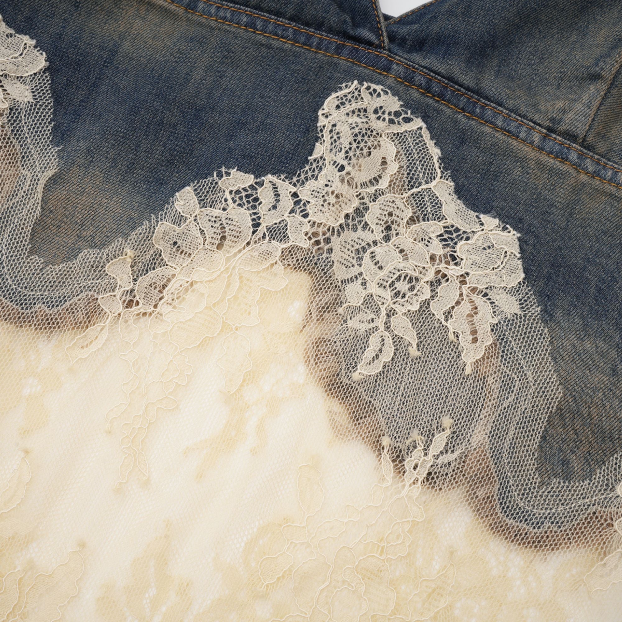 Blue denim camisole and matching skirt with delicate cream lace overlays