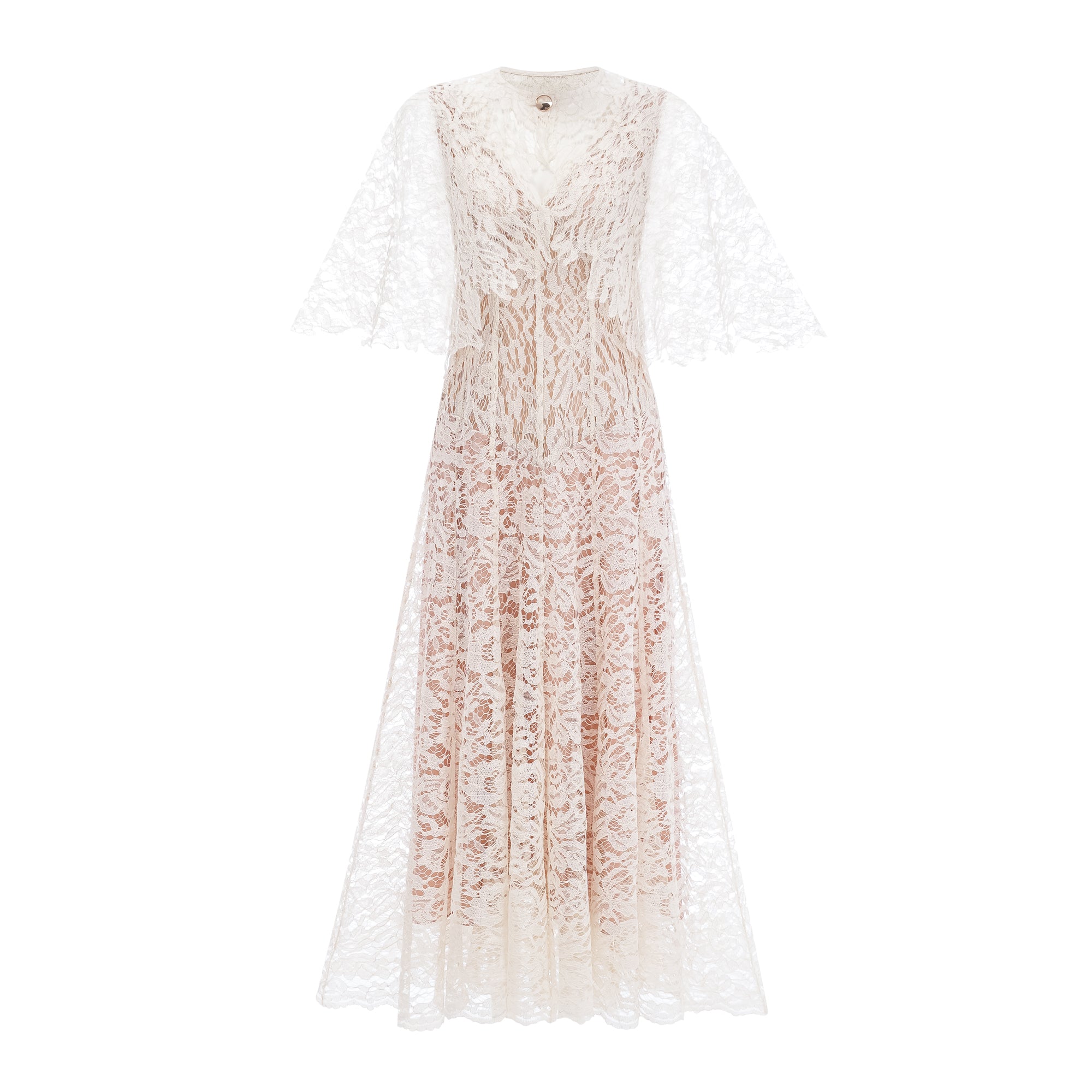White lace midi dress with a keyhole neckline and a flared skirt over a nude lining
