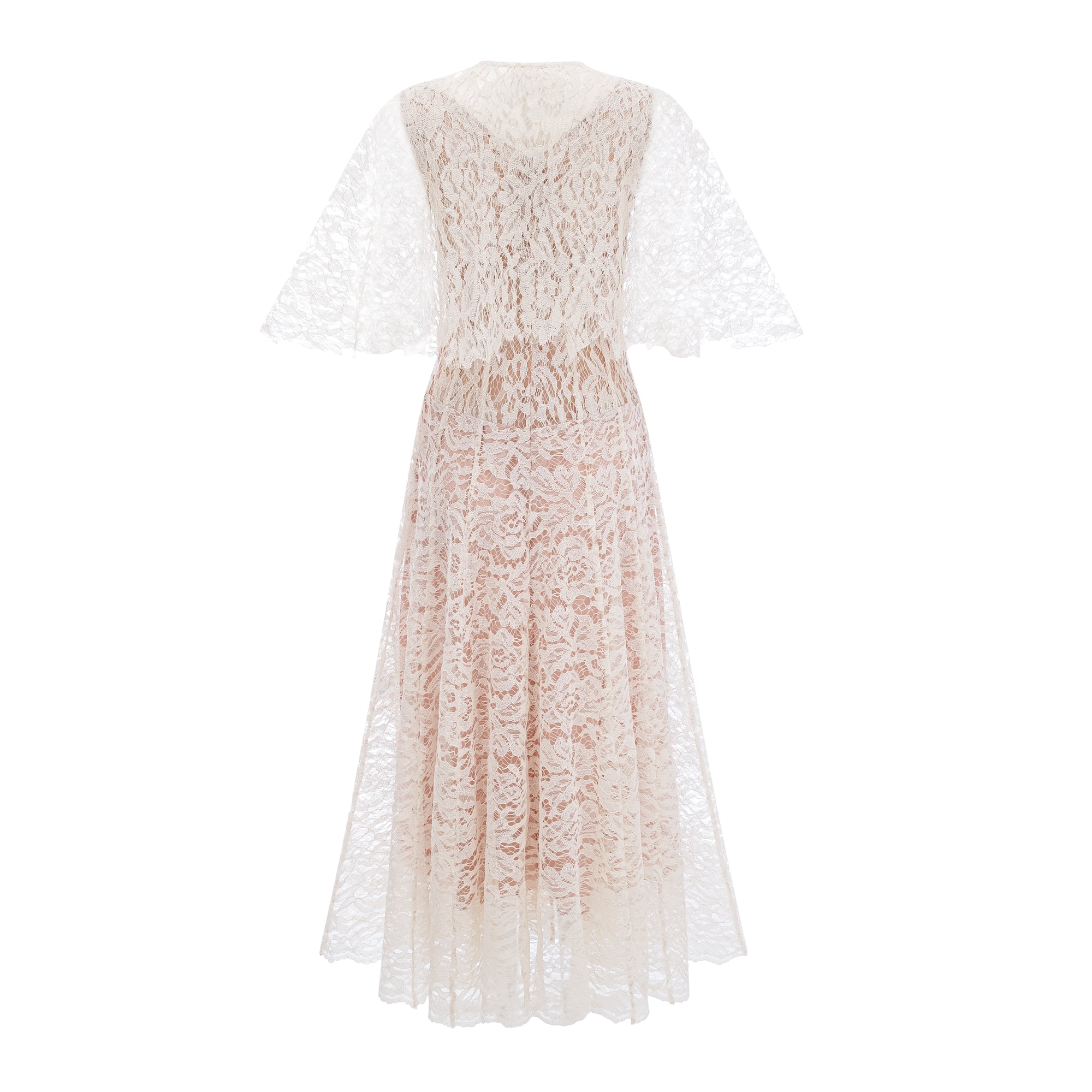 White lace midi dress with a keyhole neckline and a flared skirt over a nude lining