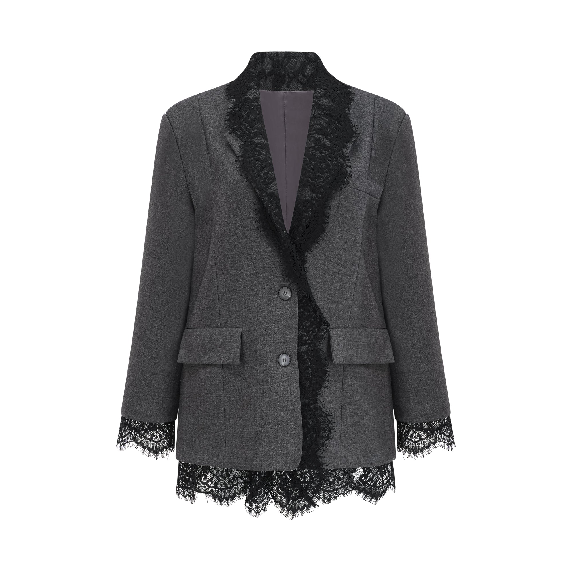 Grey blazer with black lace trim