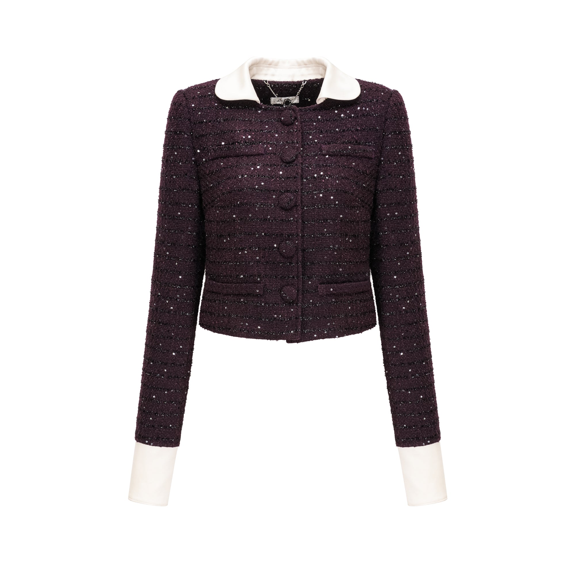 Purple tweed jacket and mini skirt set