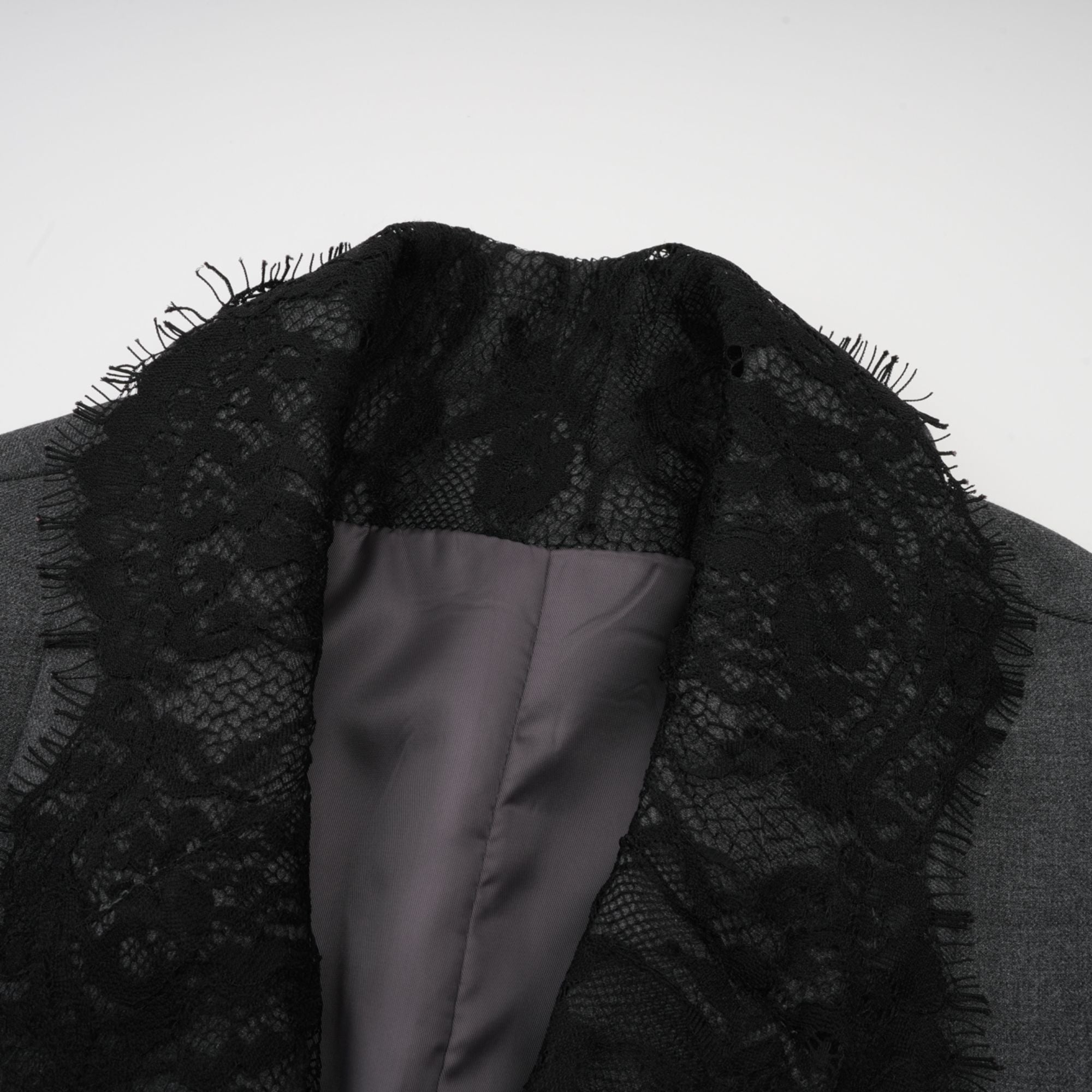 Grey blazer with black lace trim