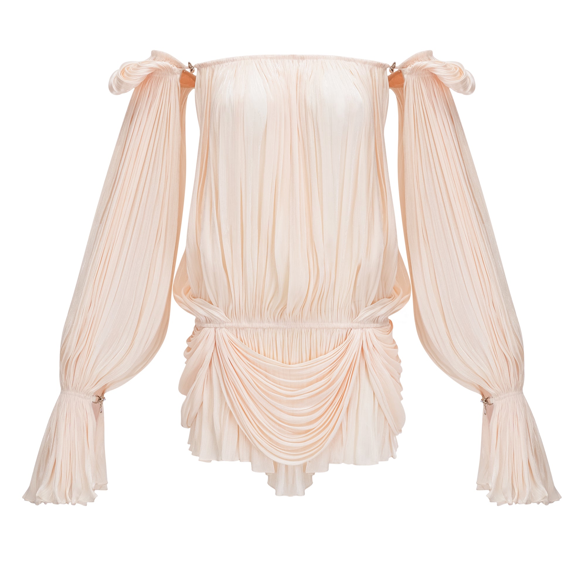Cream plissé mini dress with a square neckline, structured puff sleeves, and a draped ruffled skirt