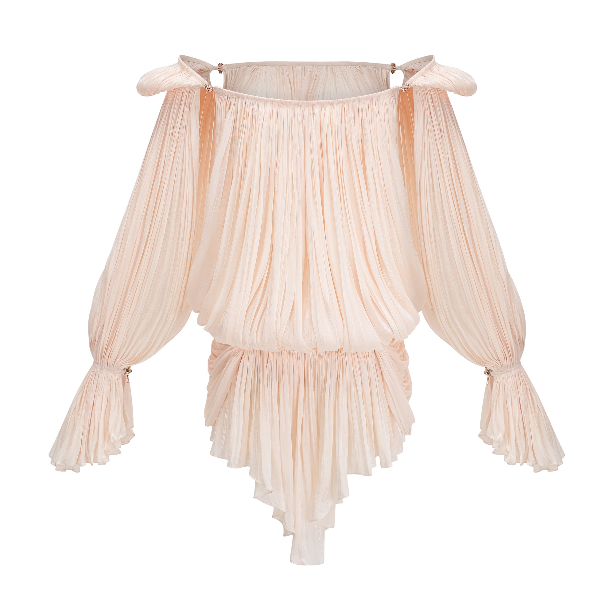 Cream plissé mini dress with a square neckline, structured puff sleeves, and a draped ruffled skirt