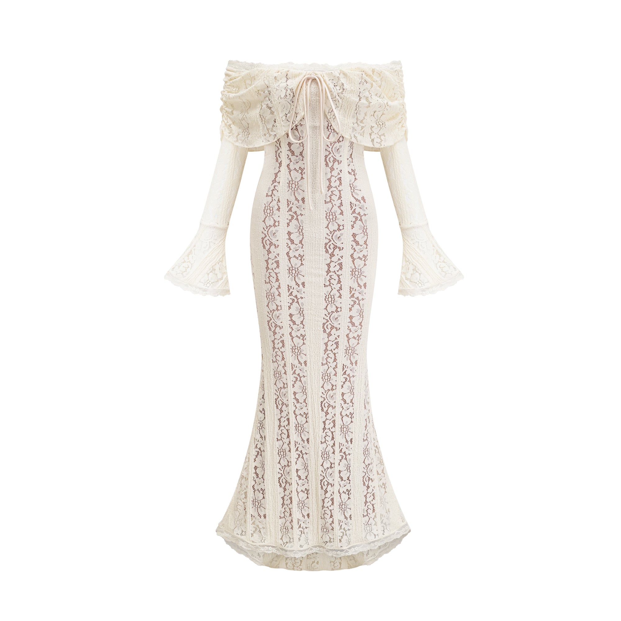 Cream off-the-shoulder lace gown with long bell sleeves