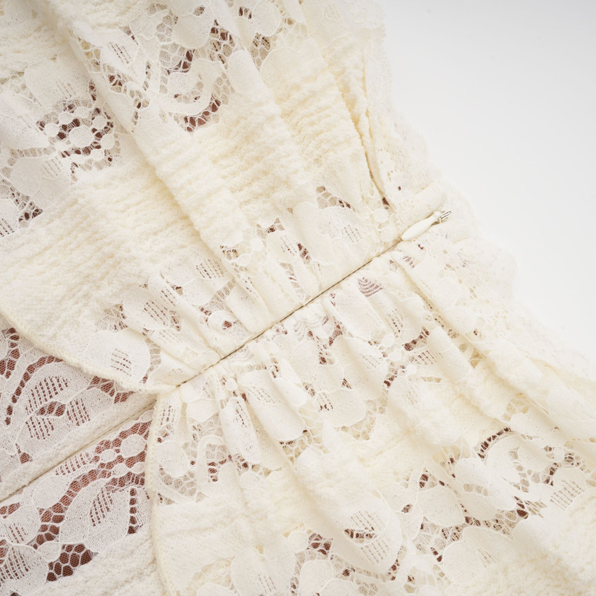 Cream off-the-shoulder lace gown with long bell sleeves