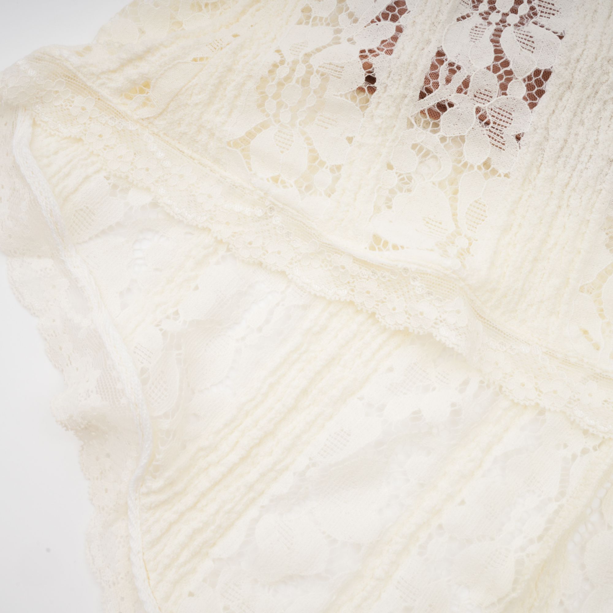 Cream off-the-shoulder lace gown with long bell sleeves