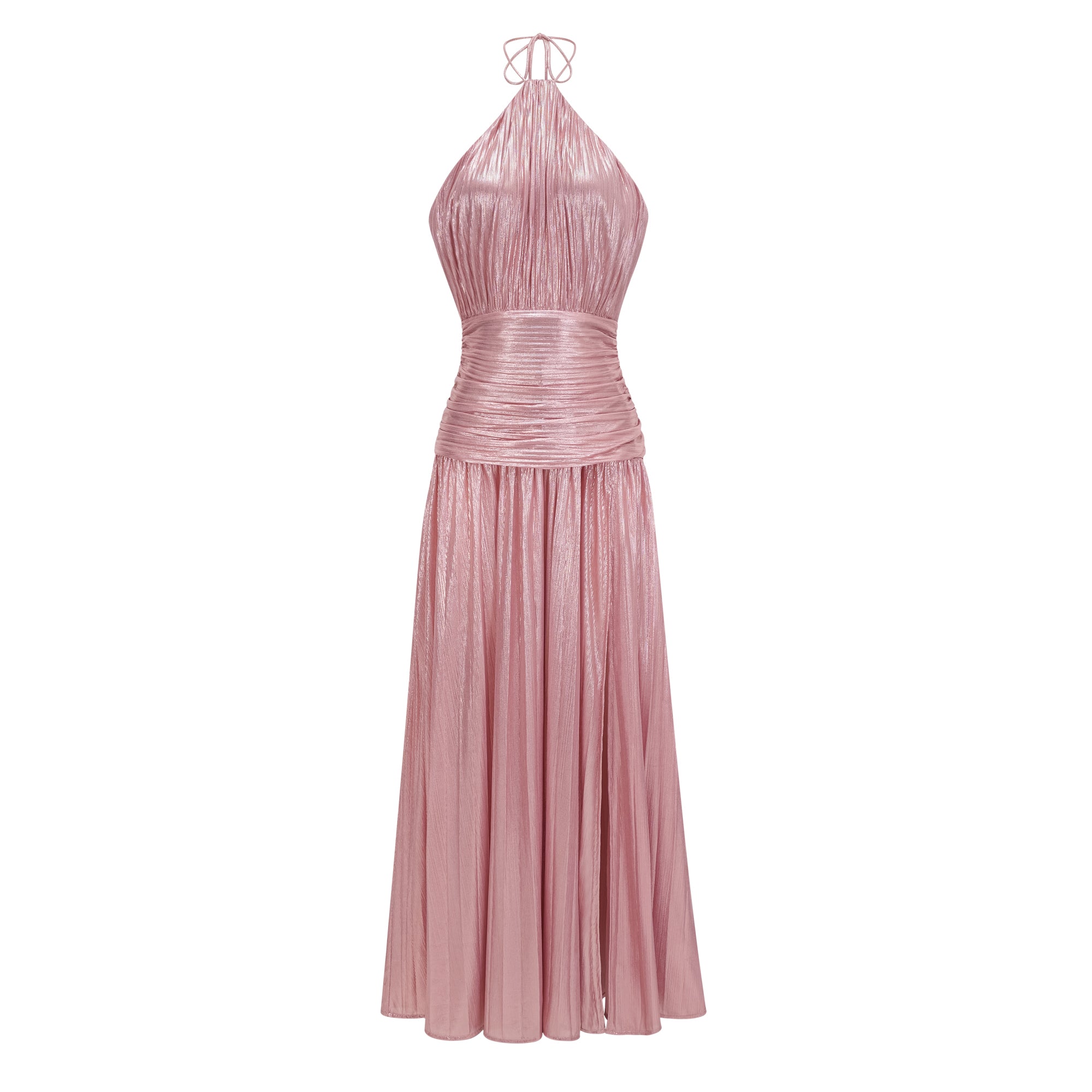 Metallic rose pink pleat halter gown with a cinched waist and high leg slit