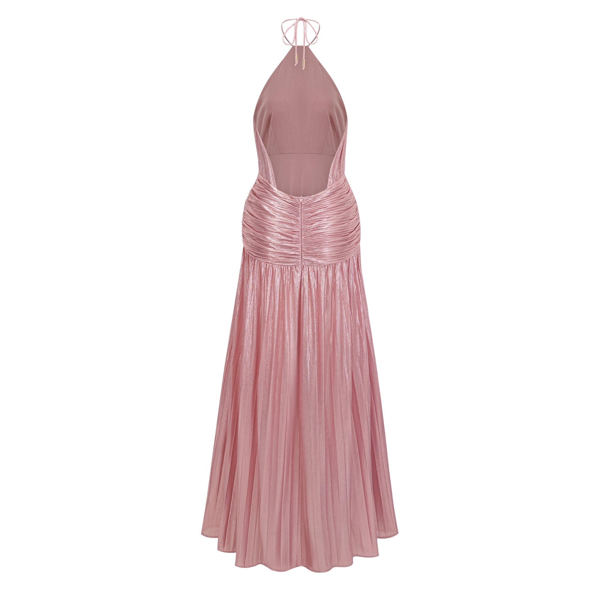Metallic rose pink pleat halter gown with a cinched waist and high leg slit