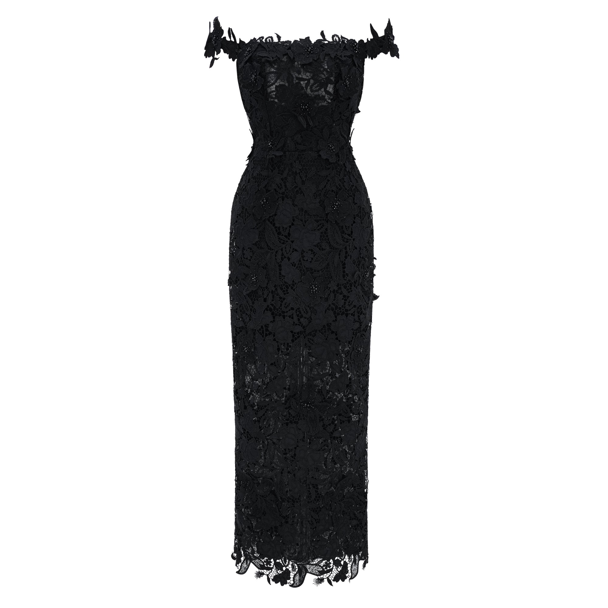 Black Floral Lace Off-the-Shoulder Maxi Dress with Choker Neck and Sheer Hem
