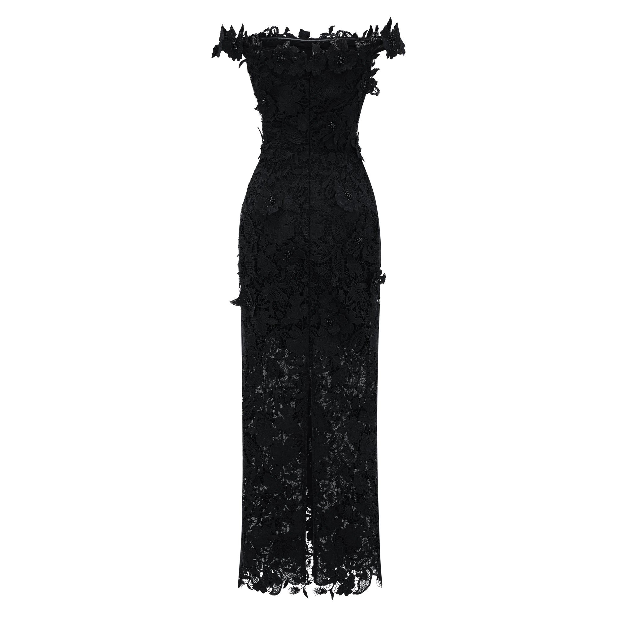 Black Floral Lace Off-the-Shoulder Maxi Dress with Choker Neck and Sheer Hem