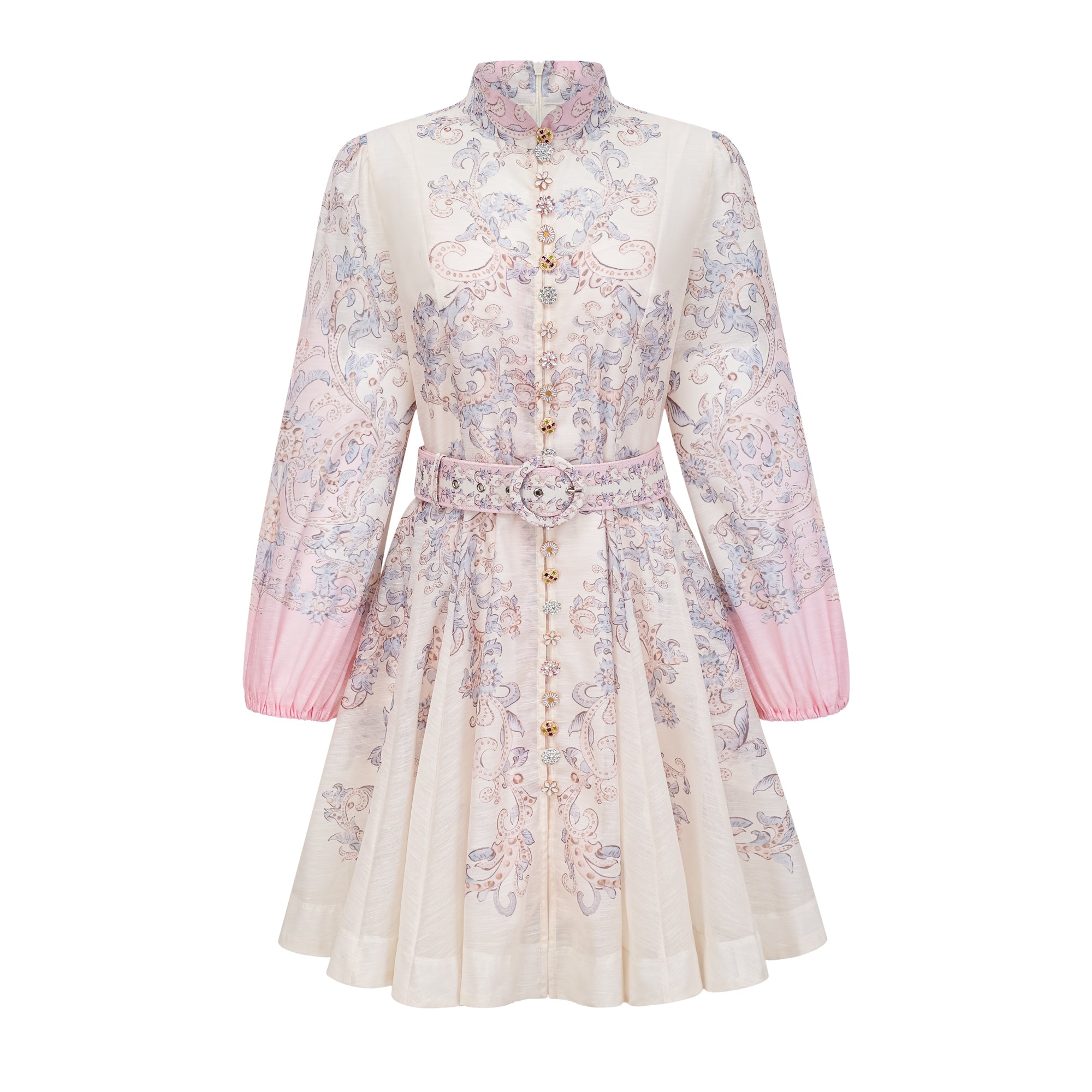 Paisley print linen mini dress with high neck and matching belt