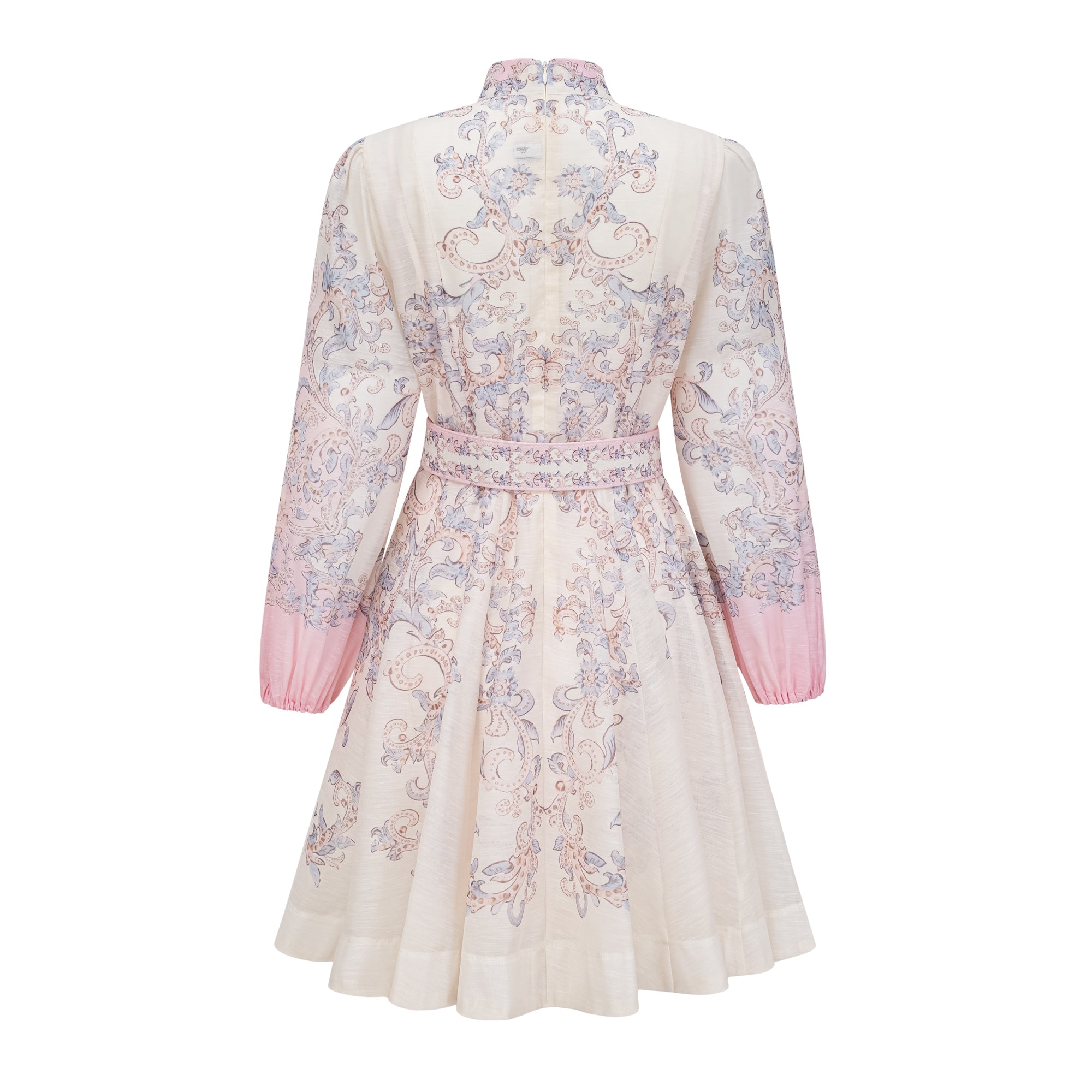 Paisley print linen mini dress with high neck and matching belt